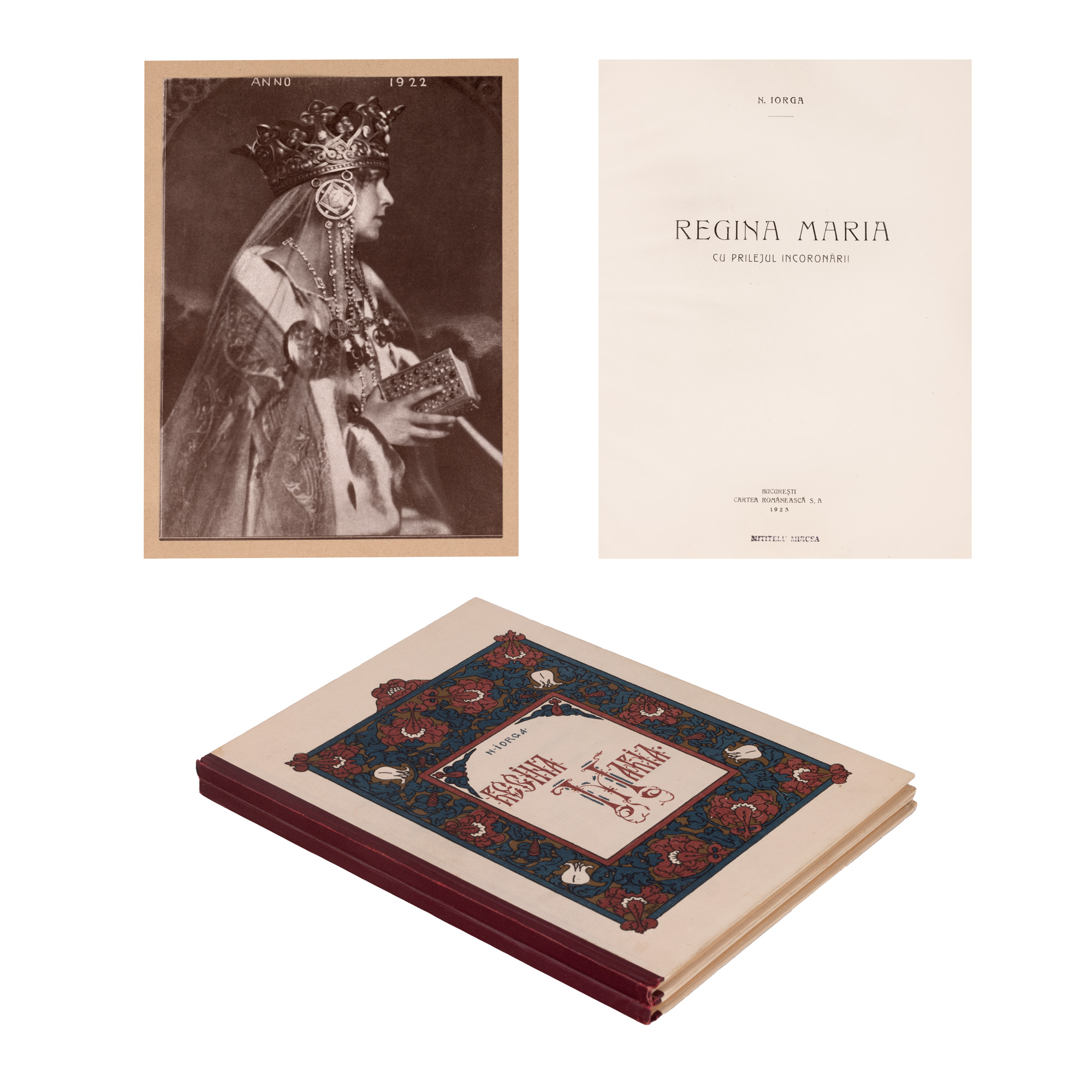 "Regina Maria și Regele Ferdinand - cu prilejul încoronării", de Nicolae Iorga, două volume, București, 1923, în etuiul original