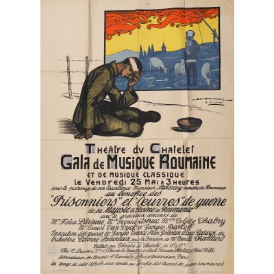 Afiș de promovare a Galei de muzică românească la Paris, Théâtre du Chatelet, sub patronajul Reginei Maria și a Ministrului României în Franța Alexandru Lahovary, interpretându-se opere de George Enescu, 1917, afiș realizat de Georges Capon și Leo Dorival, piesă rară, de colecție