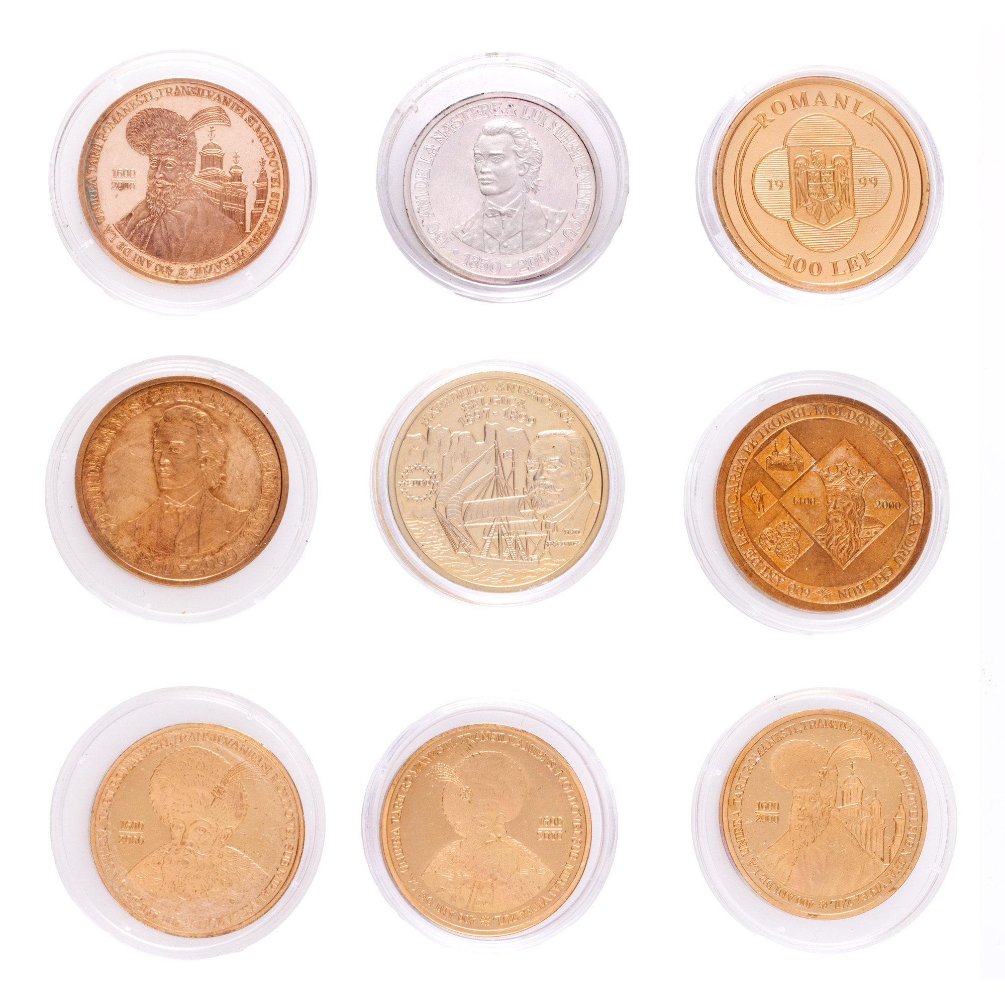 Lot format din nouă probe ale monedelor comemorative BNR, diverse valori, 1999-2000