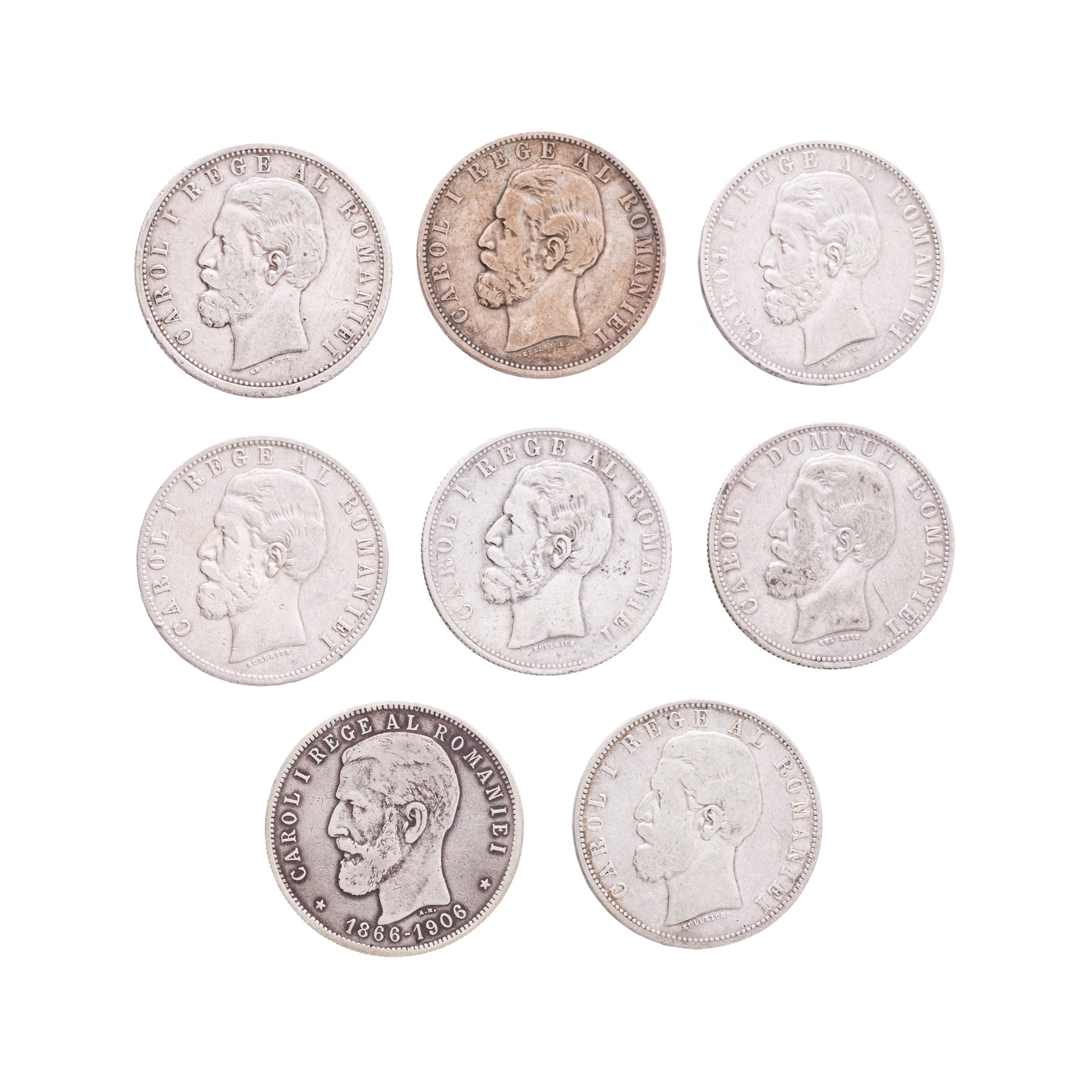 Lot consisting of eight 5 Lei coins, all issues 1880-1906, silver