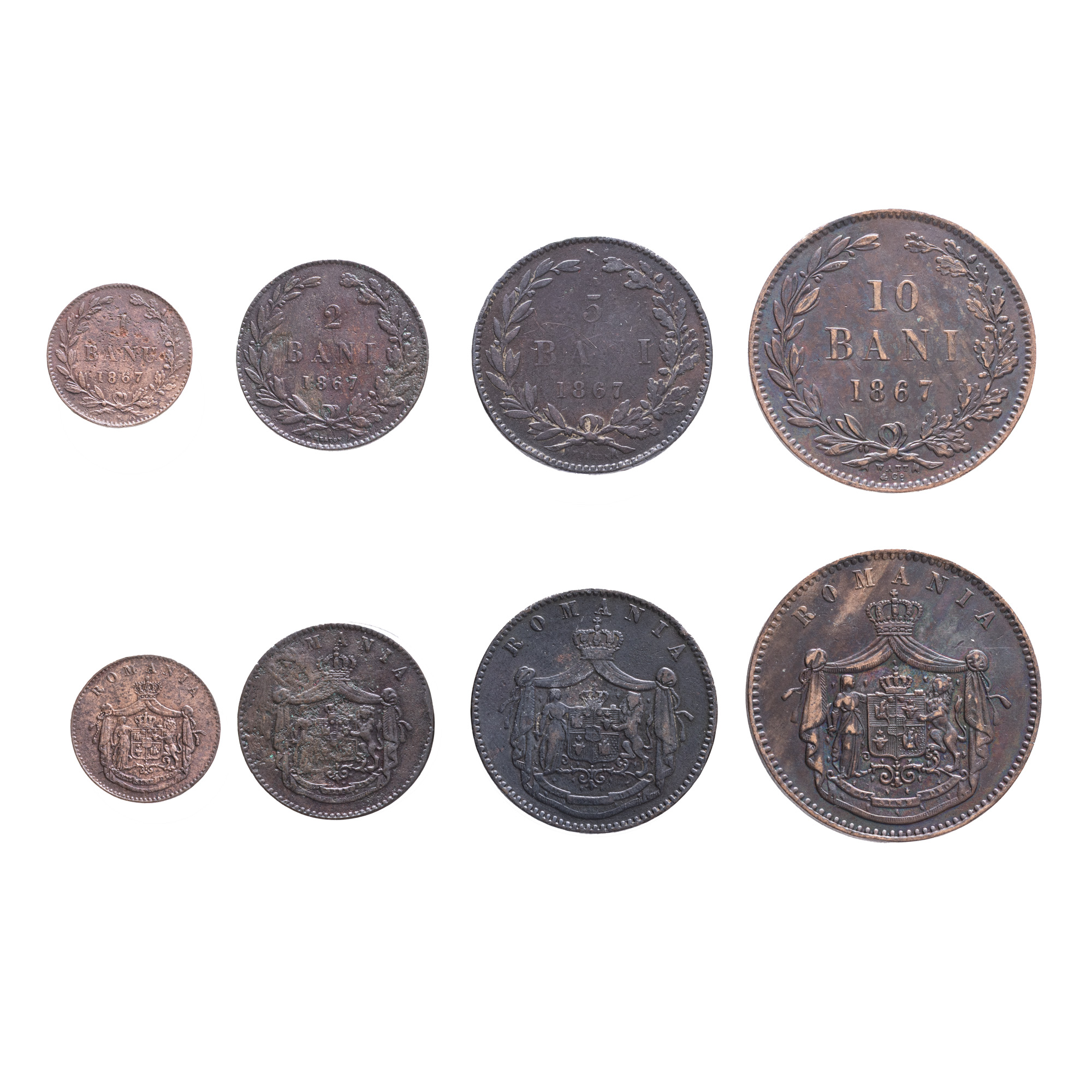 Lot consisting of four coins, 1, 2, 5 and 10 Bani 1867