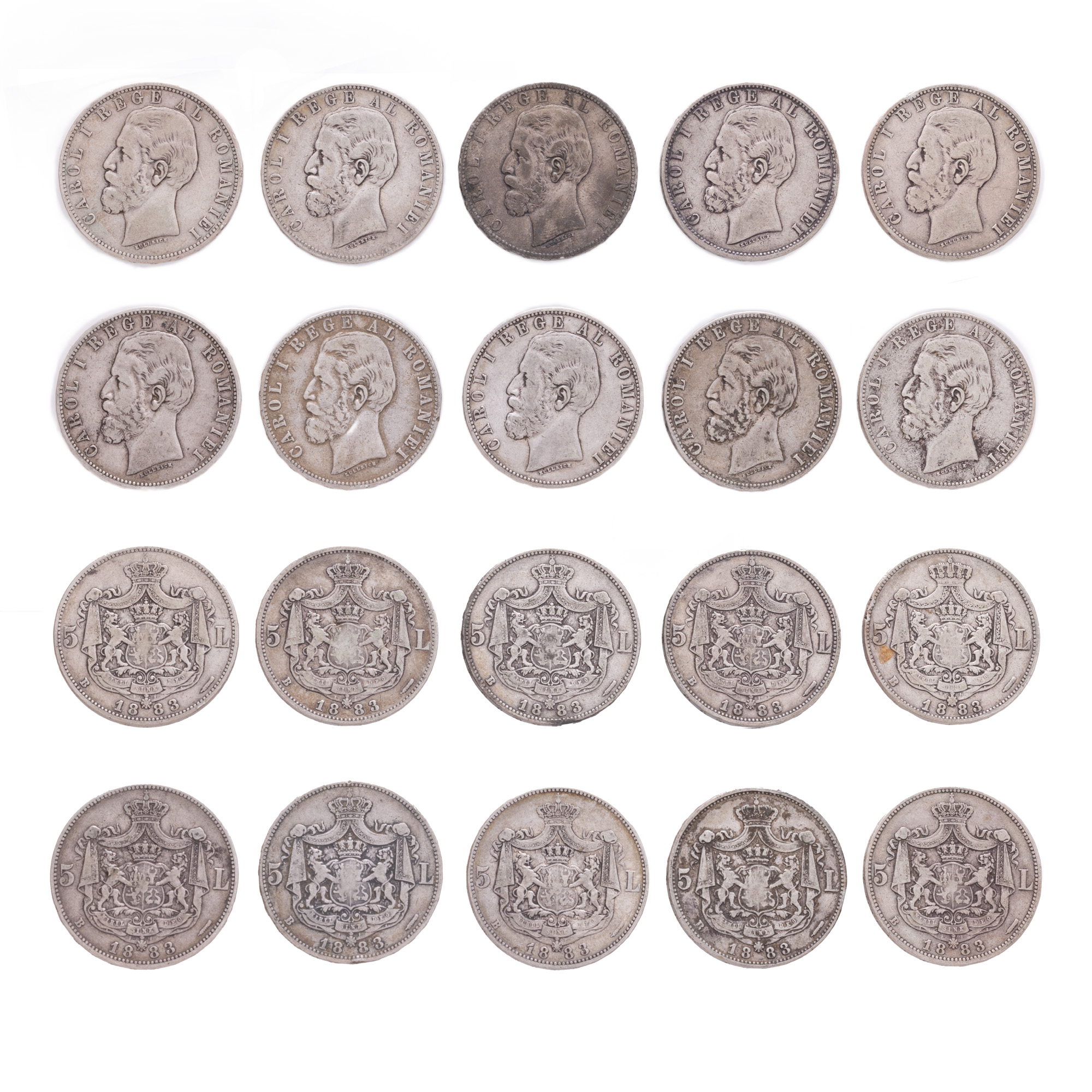 Lot format din zece monede de 5 Lei 1883, argint