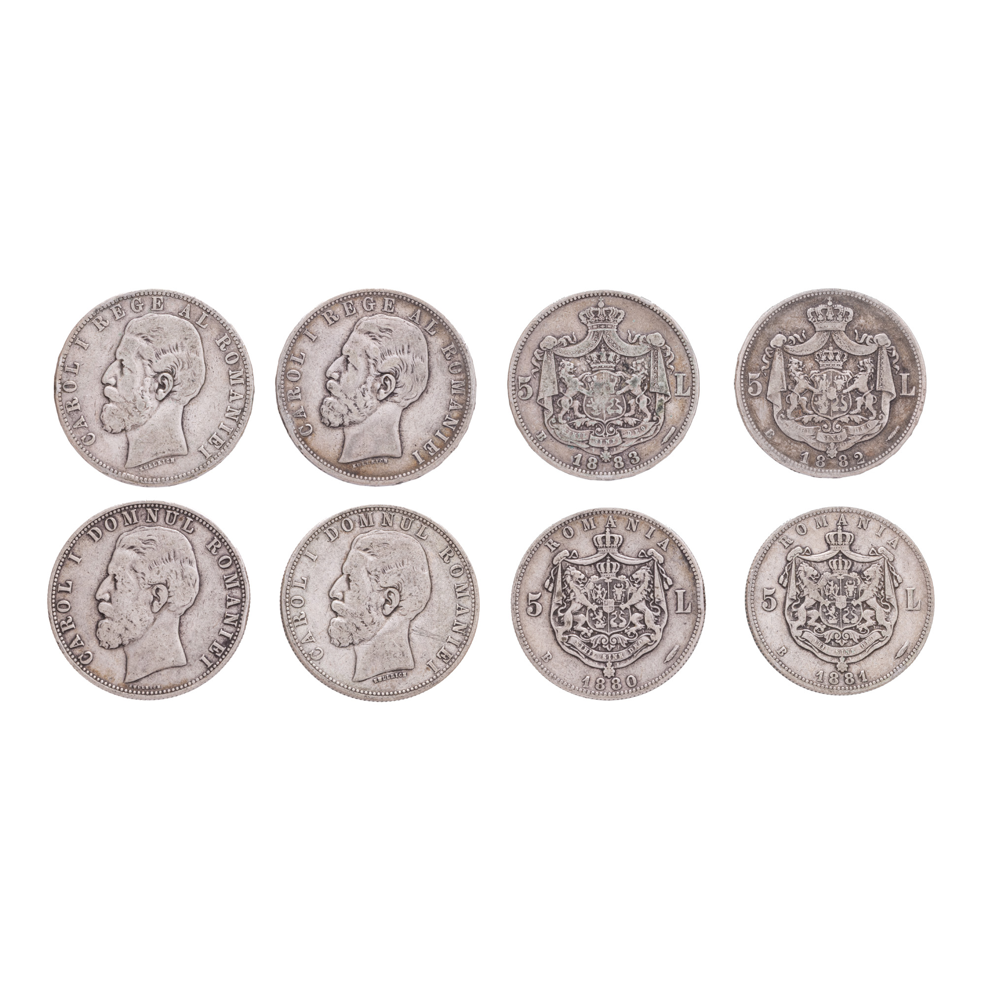 Lot consisting of four 5 Lei coins, consecutive years, 1880-1883, silver