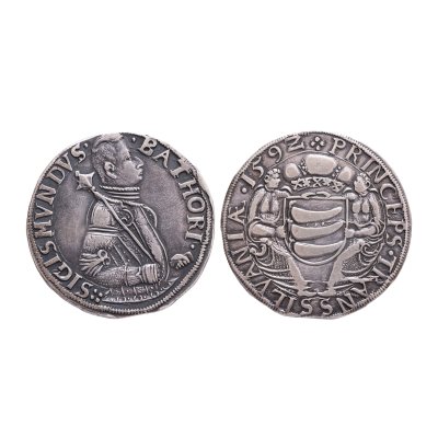 Monedă Taler, Sigismund Bathory, Principatul Transilvaniei, 1592, bătută la Baia Mare, argint