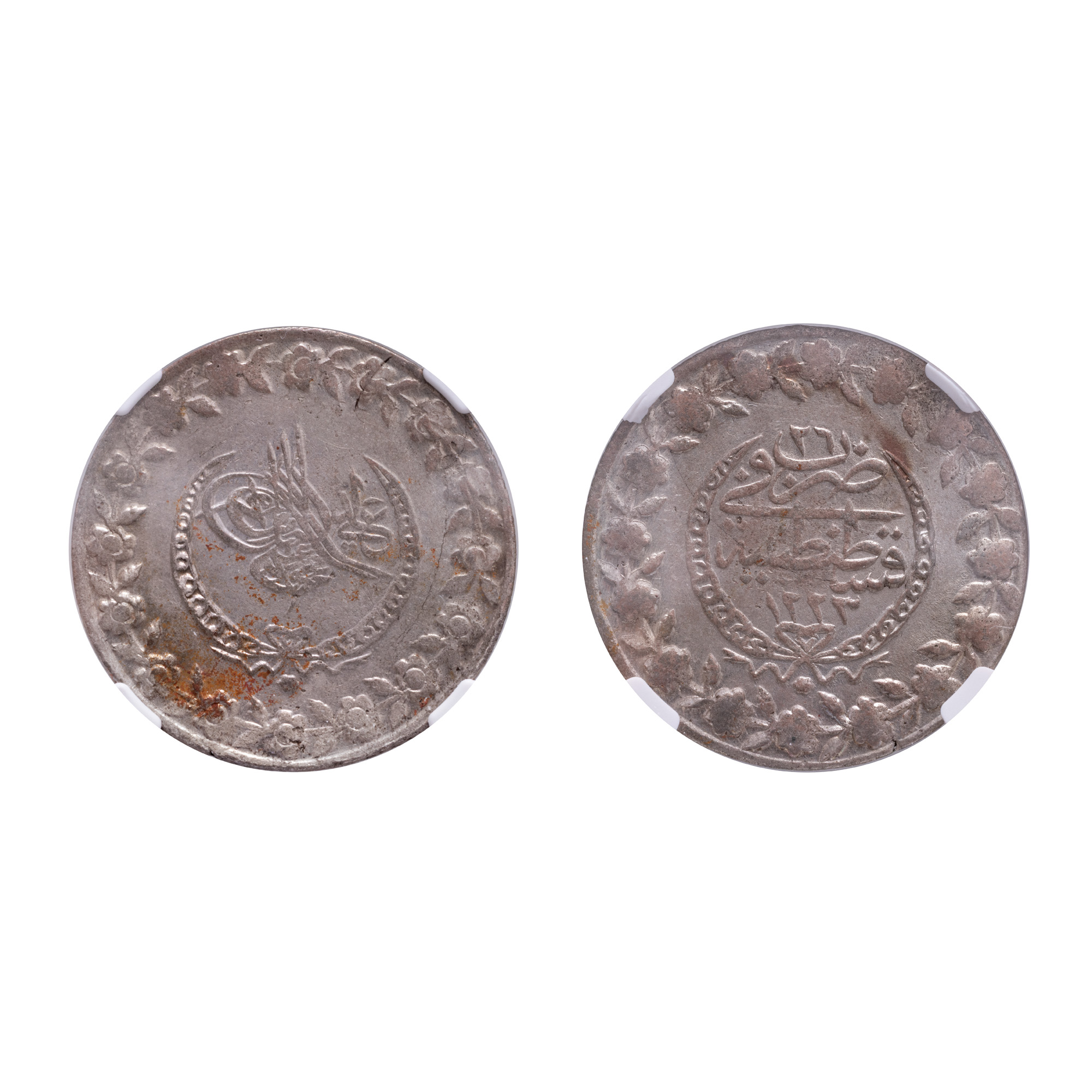 Monedă 5 Kuruș, Mahmud II, Imperiul Otoman, 1223 (1829), argint, gradată NGC AU 58