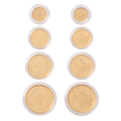 Set of commemorative BNR coins, gold replicas after the first issue of Romanian coins from 1867, accompanied by certificates