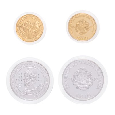 Set de două monede comemorative, ”2050 de ani de la crearea statului dac centralizat și independent”, 1982, aur și argint