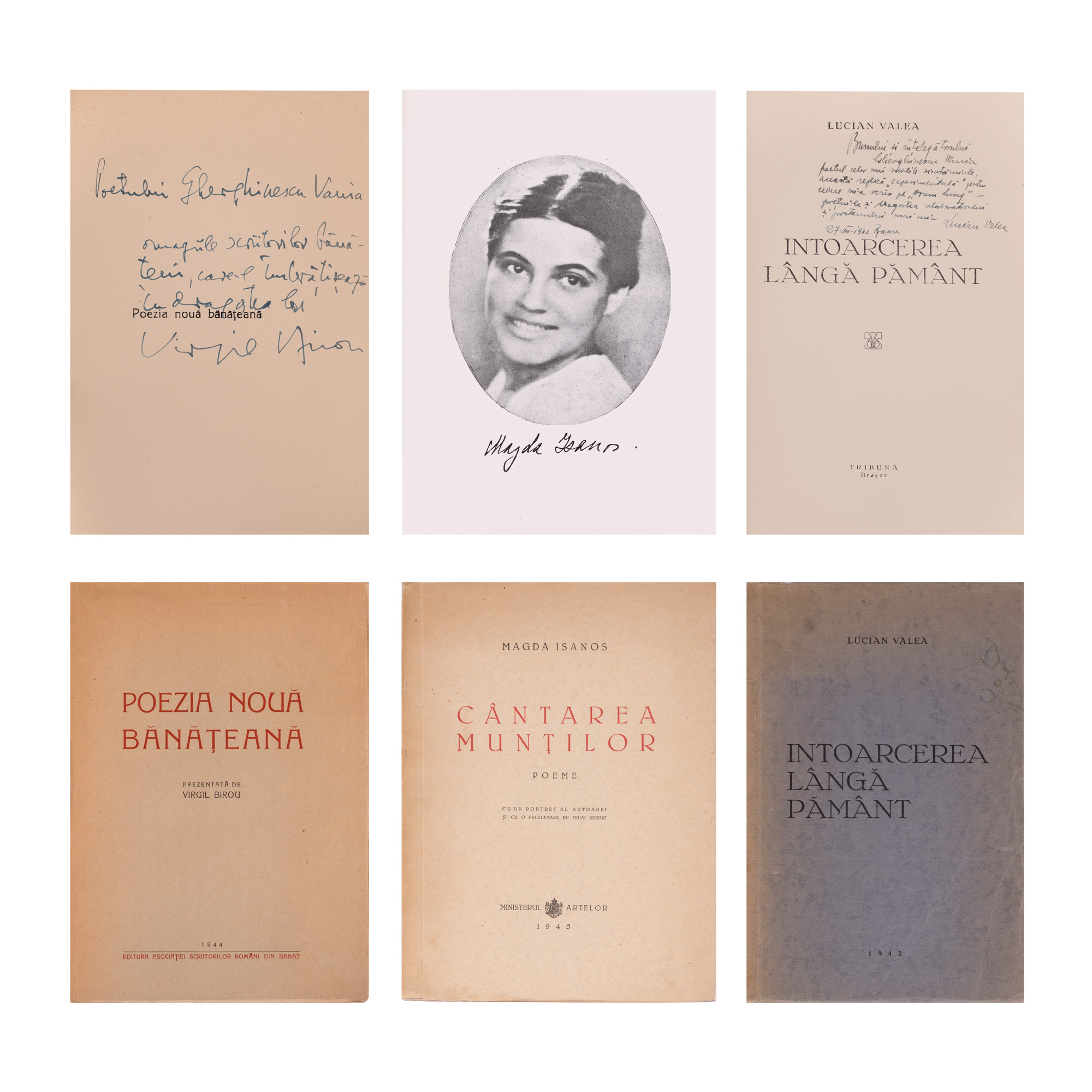 Lot format din ”Întoarcerea lângă pământ”, de Lucian Valea, ediție princeps, Buzău, 1942, cu dedicația și semnătura olografă a autorului, ”Cântarea munților”, de Magda Isanos, 1945, cu ex-libris și ”Poezia nouă bănățeană”, de Virgil Birou, 1944, cu dedicația autorului, provin din colecția scriitorului Vania Gherghinescu