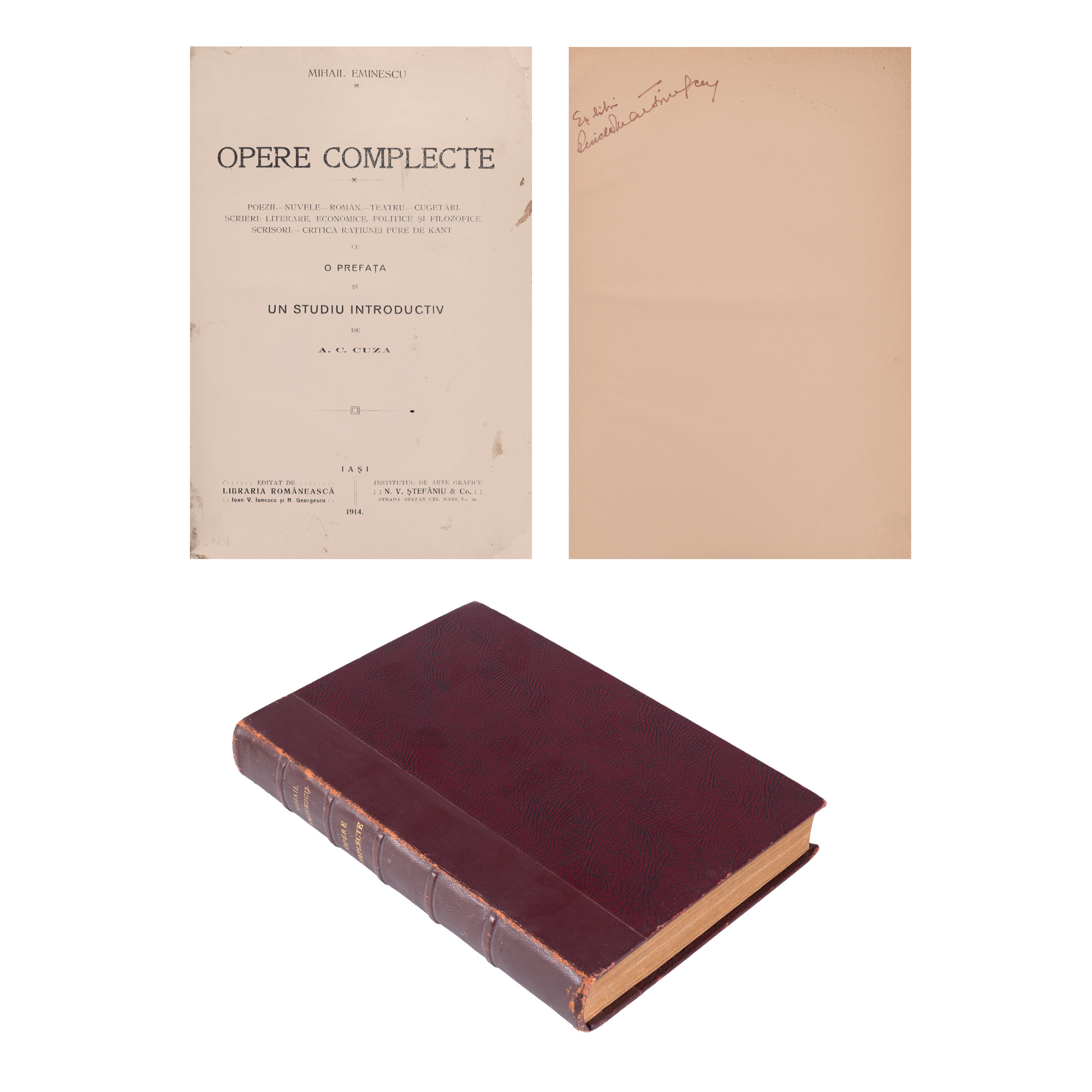 ”Opere complecte”, de Mihai Eminescu, ediția A.C. Cuza, 1914, ediție interzisă în 1948, cu ex-librisul scriitorului Pericle Martinescu din a cărui colecție provine