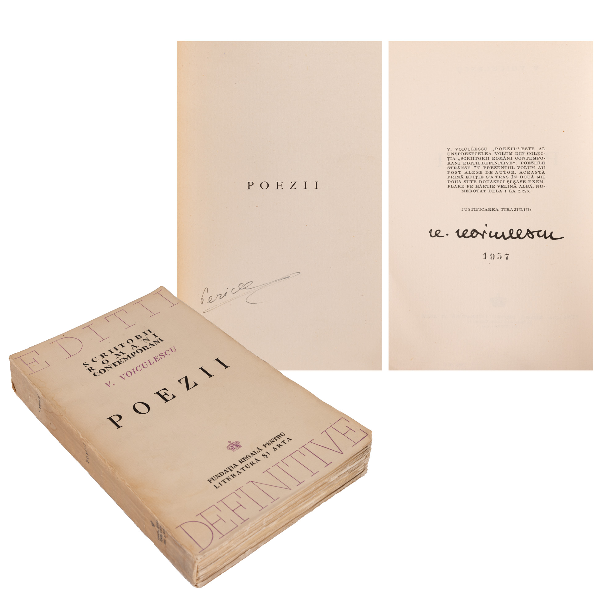 "Poezii" by Vasile Voiculescu, Bucharest 1944, copy 1957/2226, with the author's holograph signature and the ex-libris of the writer Pericle Martinescu from whose collection it originates