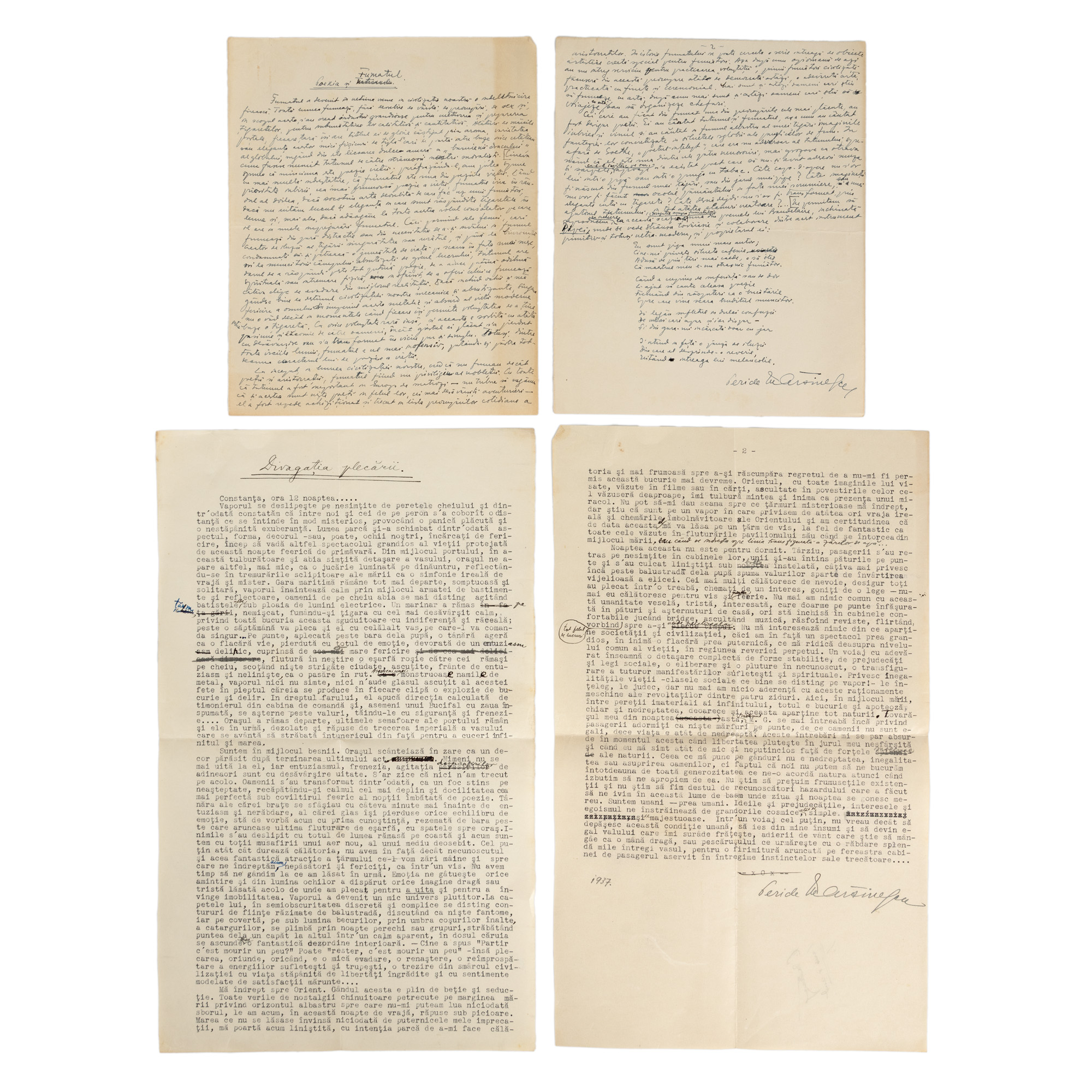 Lot format din manuscris olograf ”Poezia și fumatul” și o dactilogramă ”Divagația plecării”, de Pericle Martinescu, 1937, ambele semnate olograf (4 file)