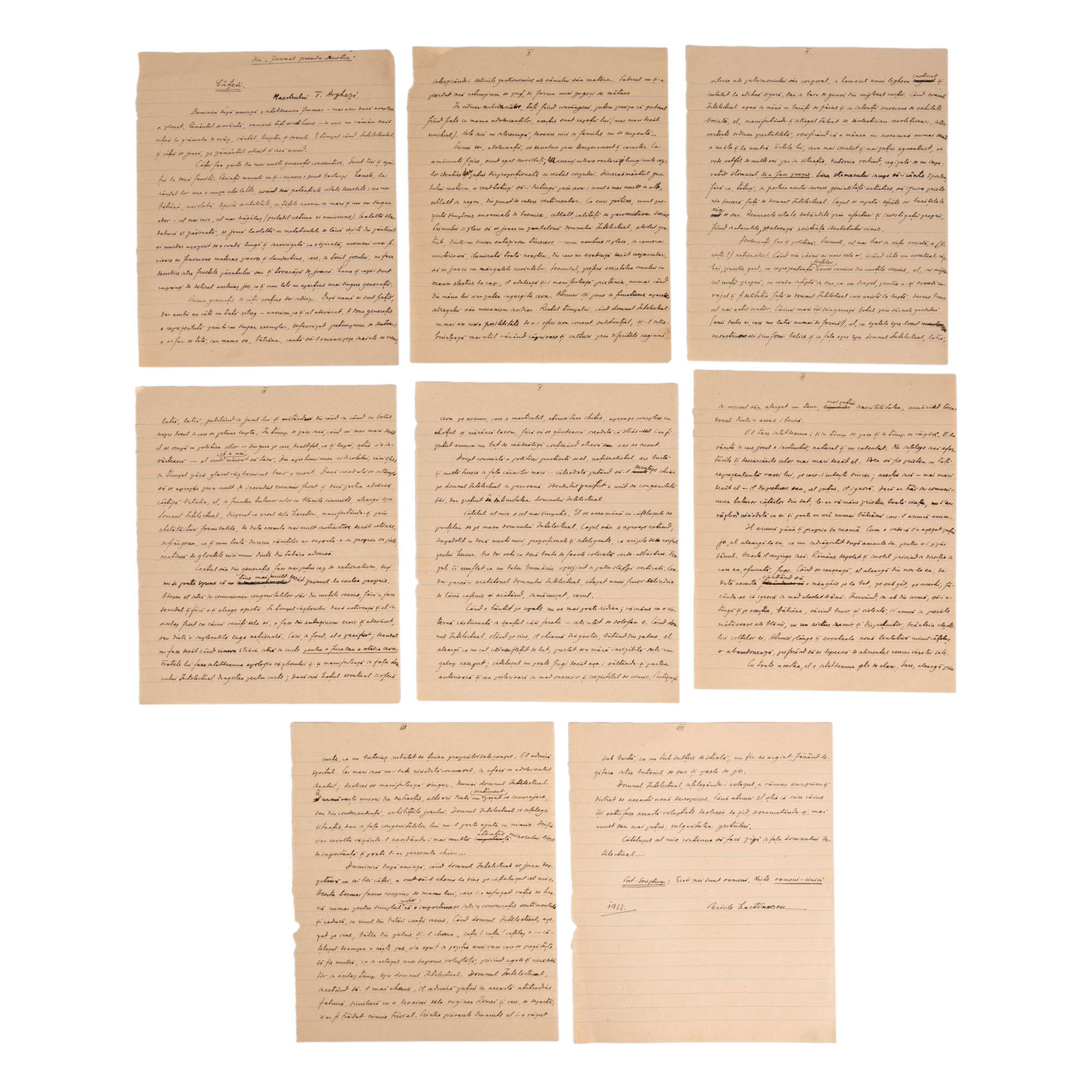Manuscript "The Puppies", dedicated to the master Tudor Arghezi, by Pericle Martinescu, 1933 (8 pages)