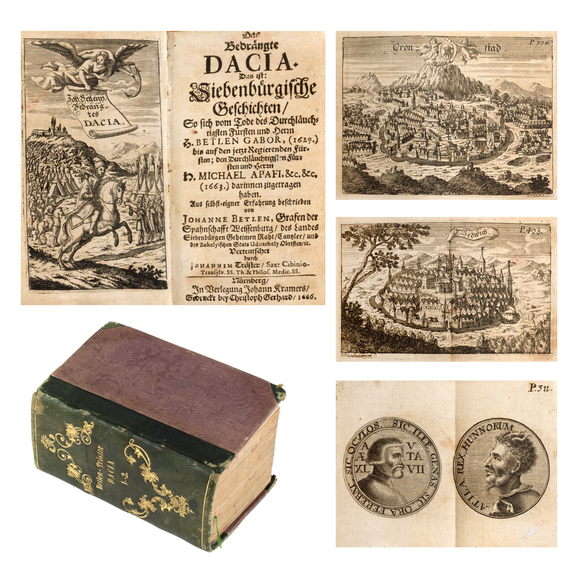 Colegat ”Dacia (Das Bedrängte Dacia. Das ist: Siebenbürgische Geschichten), de János Bethlen, germană, Nuremberg, 1666, și ”Istoria Daciei sau a Transilvaniei (Das altund neuteutsche Dacia)”, de Johannes Tröster, germană, Nuremberg, 1666, cu 12 gravuri dintre care 9 duble realizate de Hans Jakob Schollenberger și ex-librisul muzicologului George Breazul, raritate extremă, de colecție