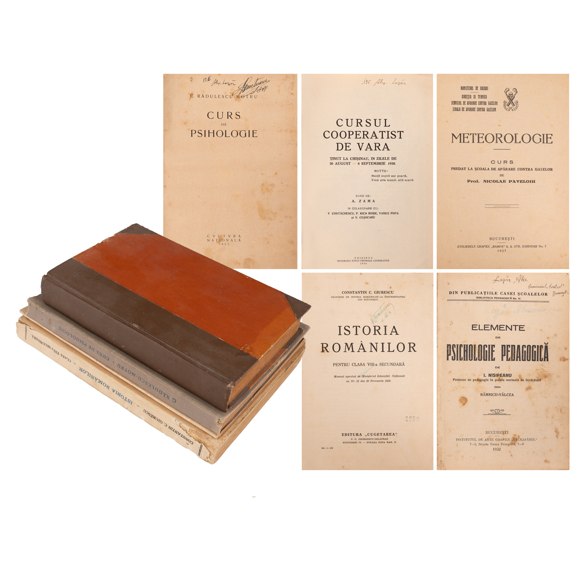 Lot format din 5 manuale de școală din perioada interbelică (psihologie, psihologie pedagogică, meteorologie, cooperație și istorie), 1922-1939