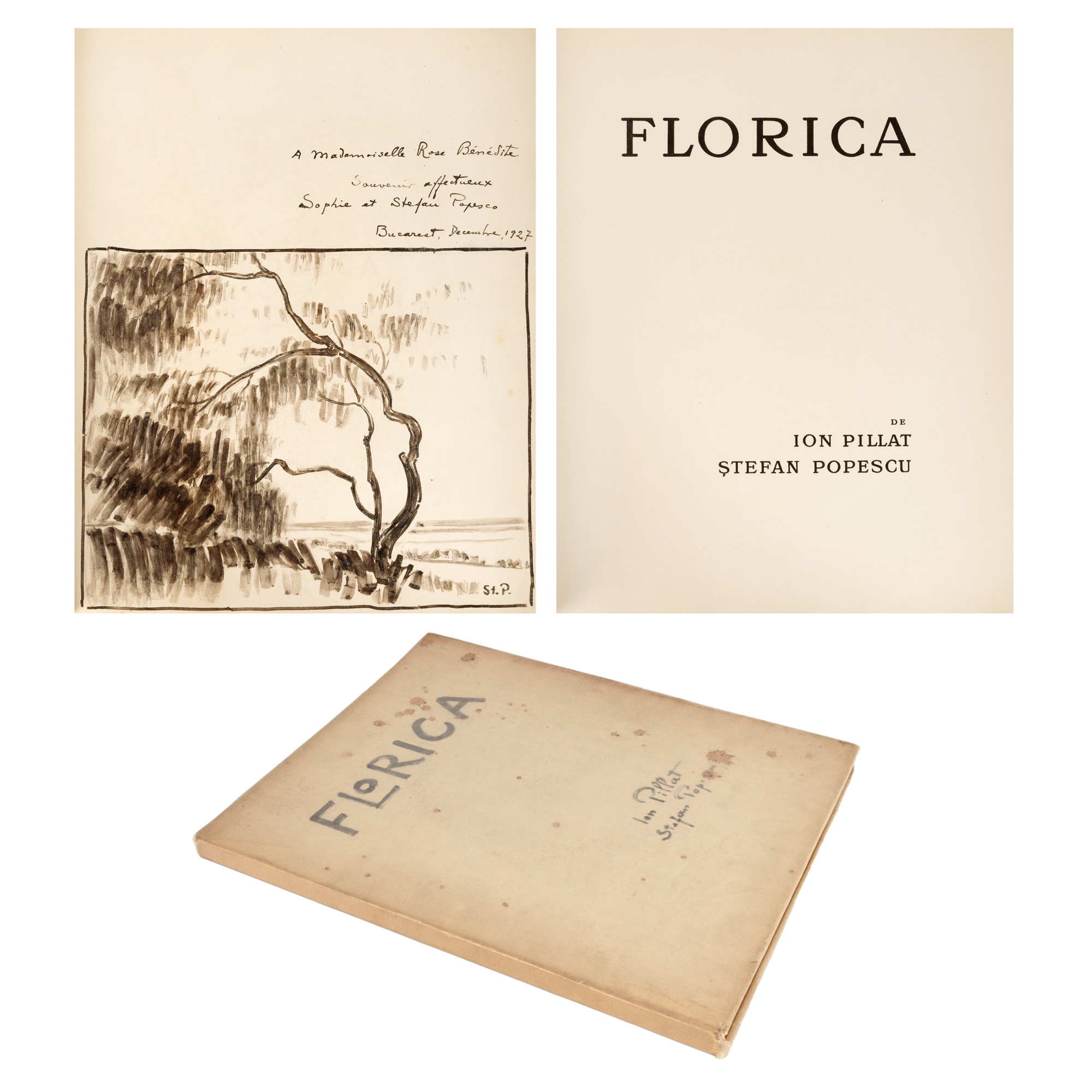 ”Florica”, de Ion Pillat, București, 1926, ilustrații de Ștefan Popescu, cu un desen unic al pictorului în laviu semnat, alături de dedicația olografă a acestuia și semnăturile olografe ale scriitorului și pictorului, exemplar bibliofil