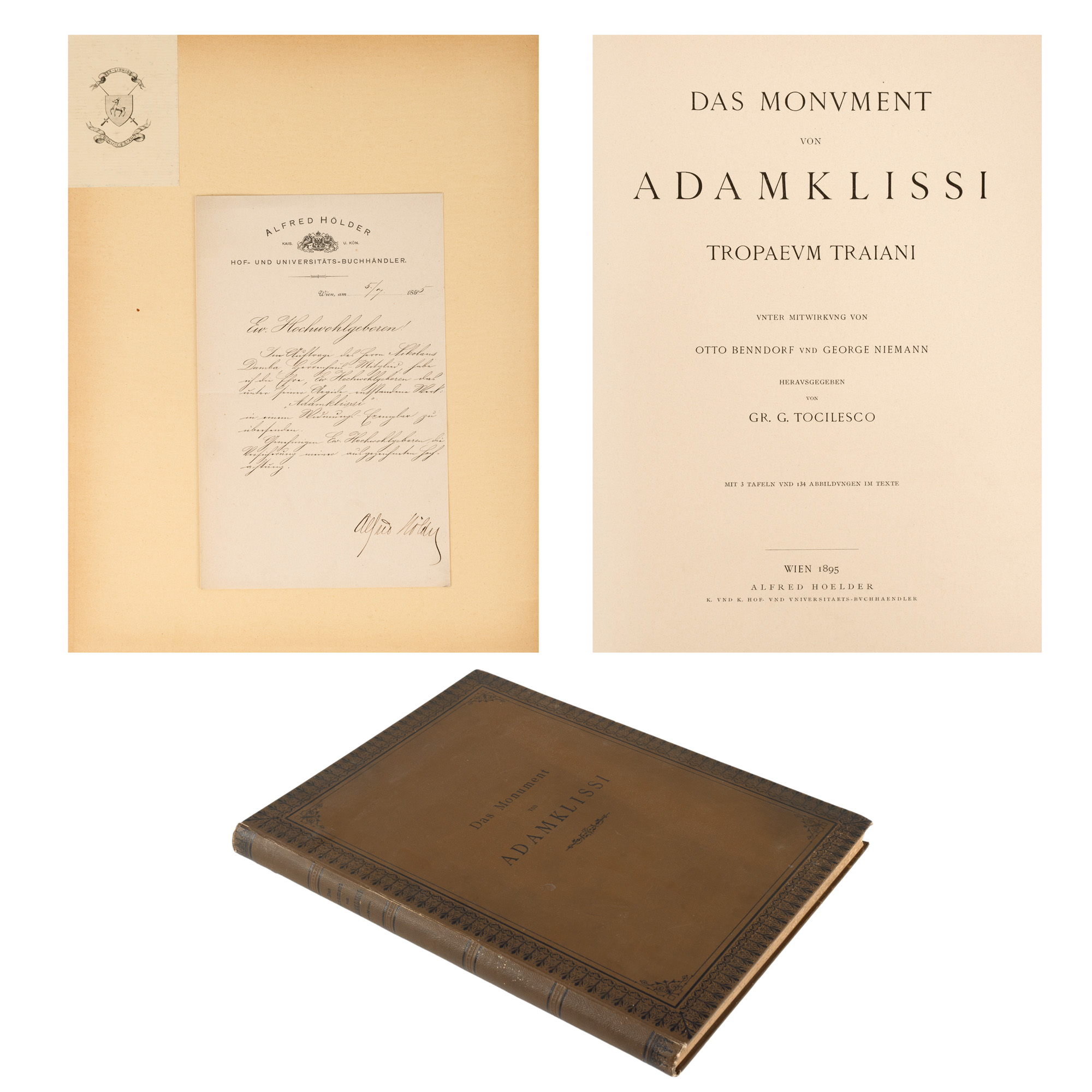 ”Monumentul de la Adamclisi - Tropaeum Traiani”, de Grigore Tocilescu, germană, Viena, 1895, cu legătură de editură