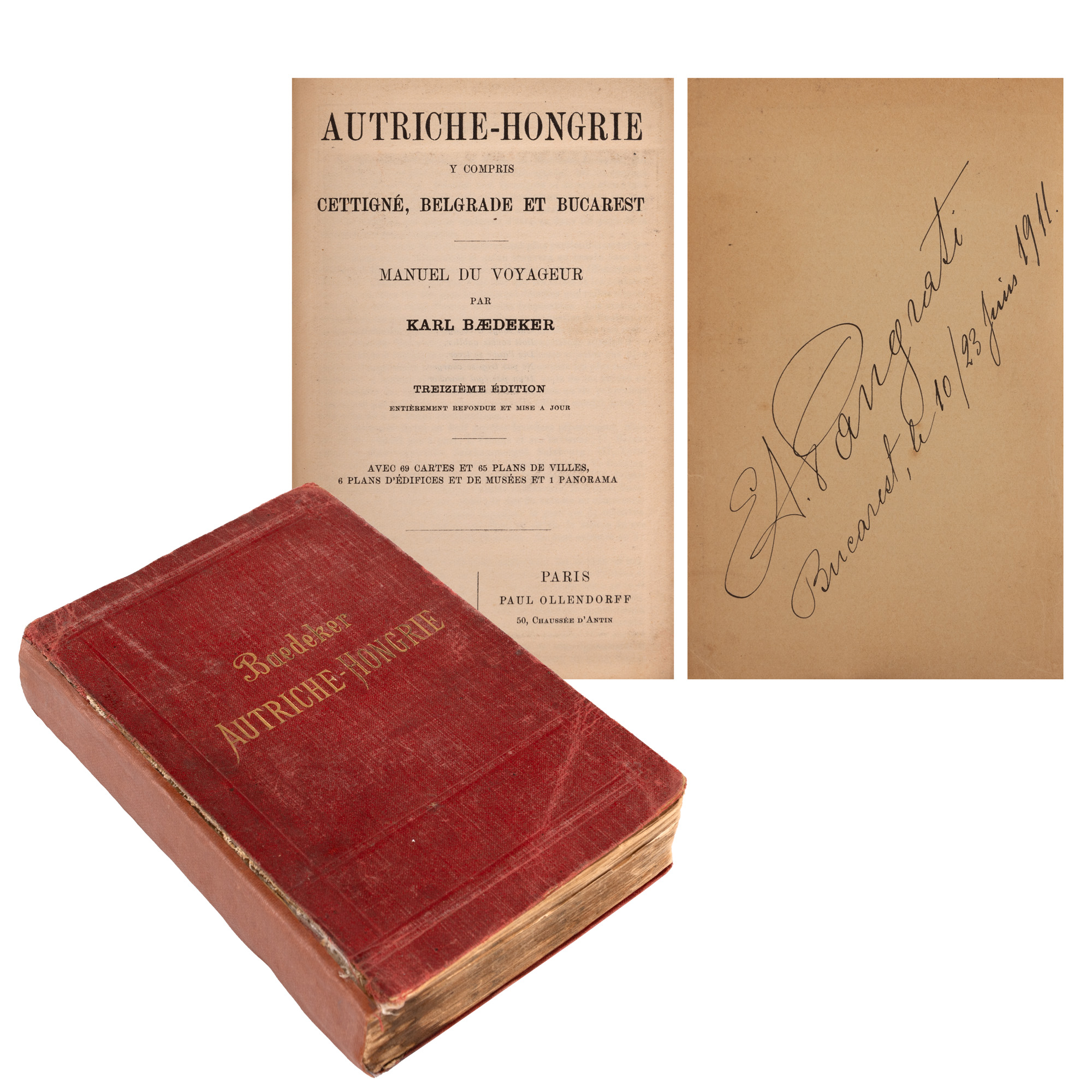 ”Manualul călătorului: Austria - Ungaria, inclusiv Cettigne, Belgrad și București”, de Karl Baedeker, Leipzig, Paris, 1911, cu un ex-libris al lui Ermil Pangrati