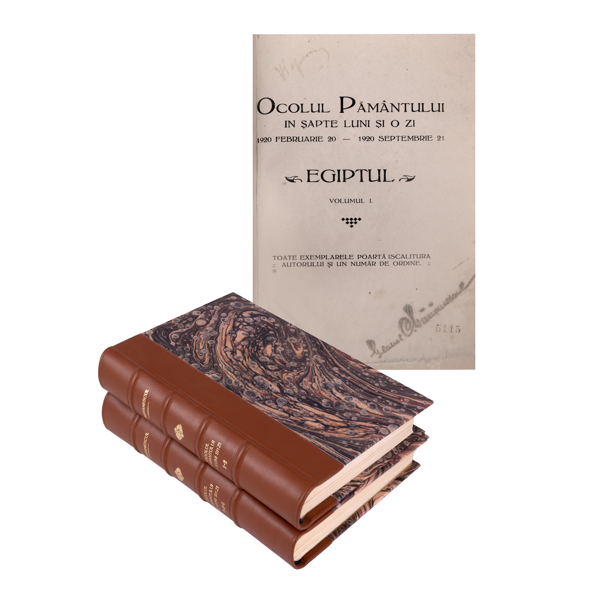 ”Ocolul Pământului în șapte luni și o zi”, de general C. Găvănescul, cinci volume colegate în două, Timișoara, 1920, cu semnătura olografă a autorului în volumul I