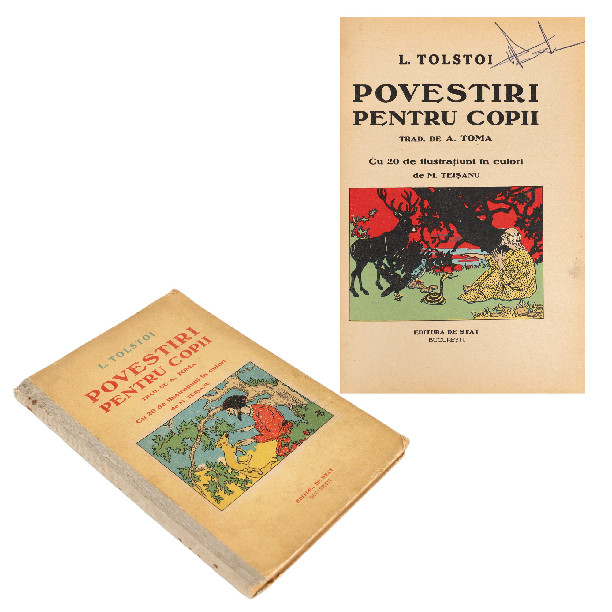"Stories for children", by Lev Tolstoy, translated by A. Toma, with 20 color illustrations by Mișu Teișanu, Bucharest, circa 1952