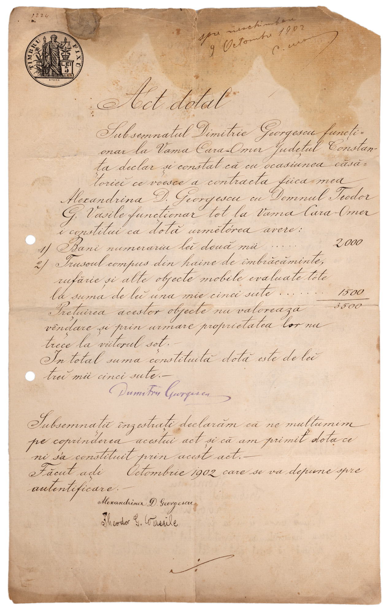 Dotal Act (dowry sheet), Constanța, October 9, 1902, with the original handwritten signatures and stamps