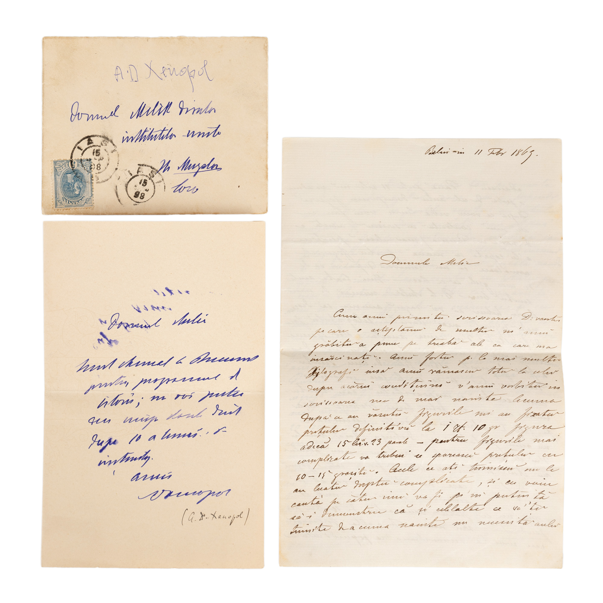 Lot format din două scrisori olografe redactate de istoricul Alexandru D. Xenopol, 1869-1898