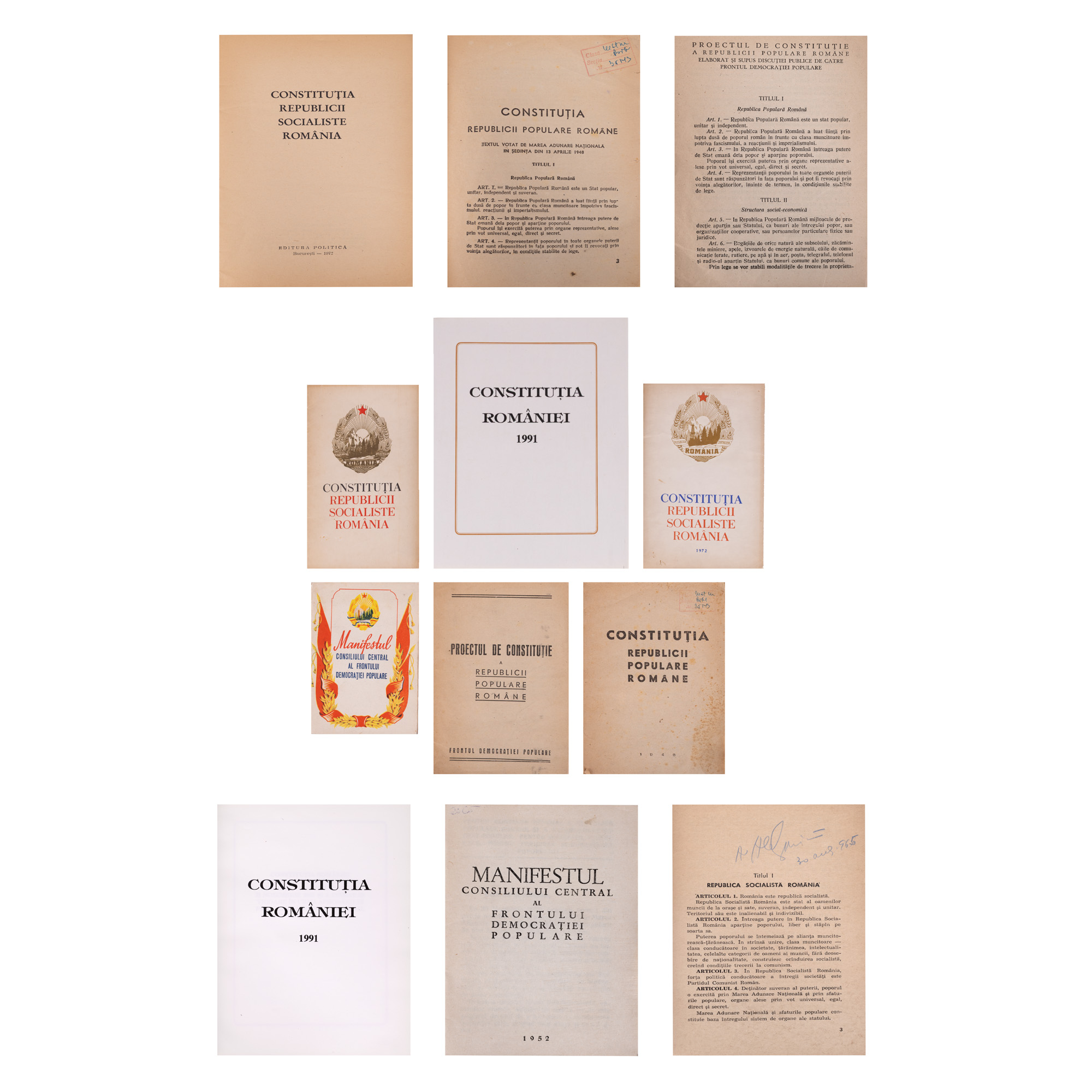 Lot format din diverse variante ale Constituției României,  1948, 1965, 1972, 1991, ”Manifestul Consiliului Central al Frontului Democrației Populare”, 1952, și ”Statutul Frontului Salvării Naționale din România”, 1990 alături de chitanță F.S.N., sector 1, București