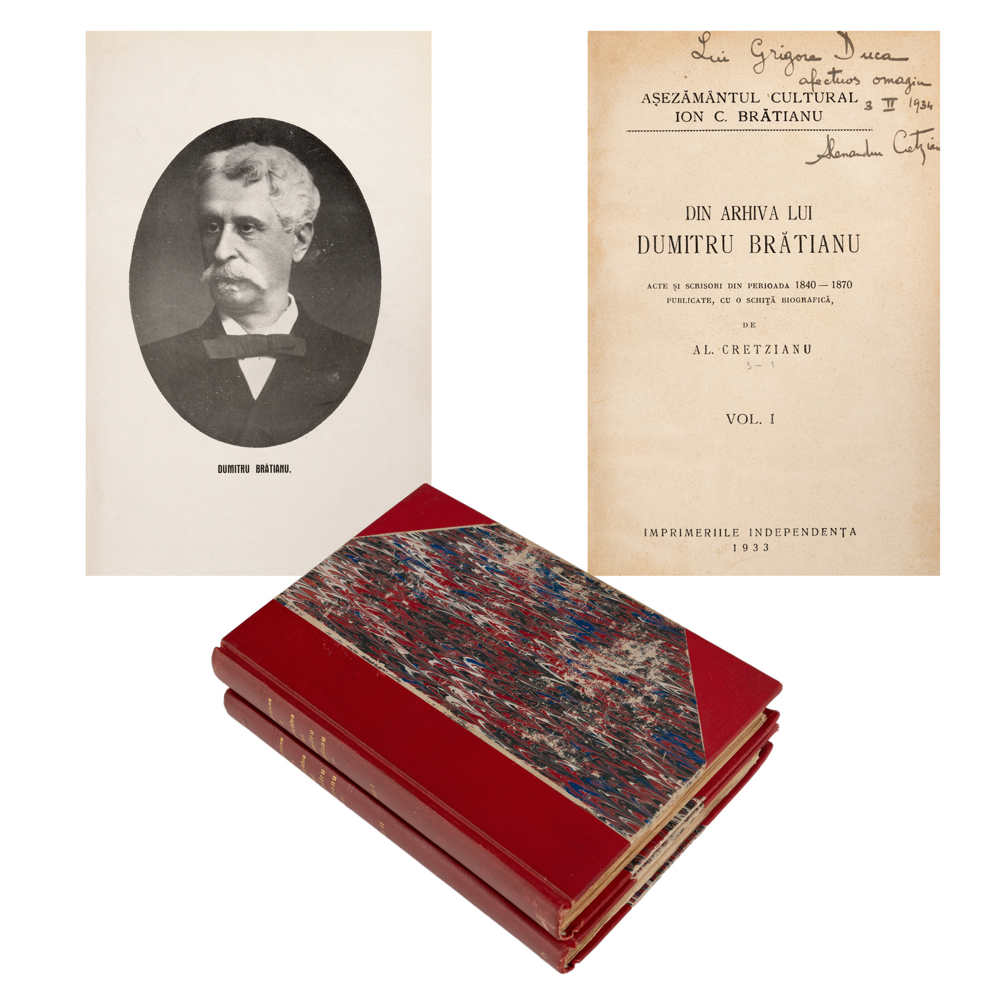"From the archive of Dumitru Brătianu", editor Al. Cretzianu, two volumes, Bucharest, 1933-1934, with the editor's dedication to Grigore Duca