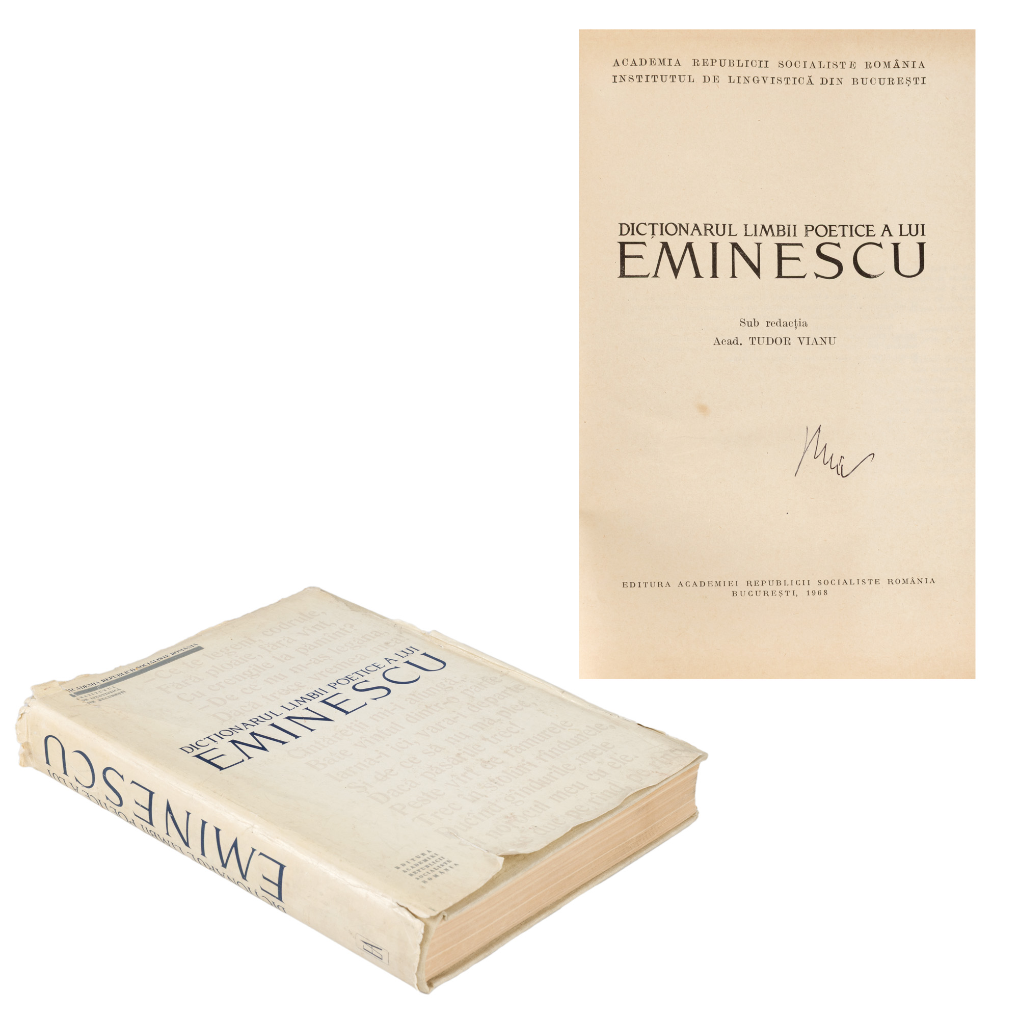 ”Dicționarul limbii poetice a lui Eminescu”, sub redacția acad. Tudor Vianu, București, 1968, cu ex-librisul istoricului literar Dumitru Micu din a cărui colecție provine