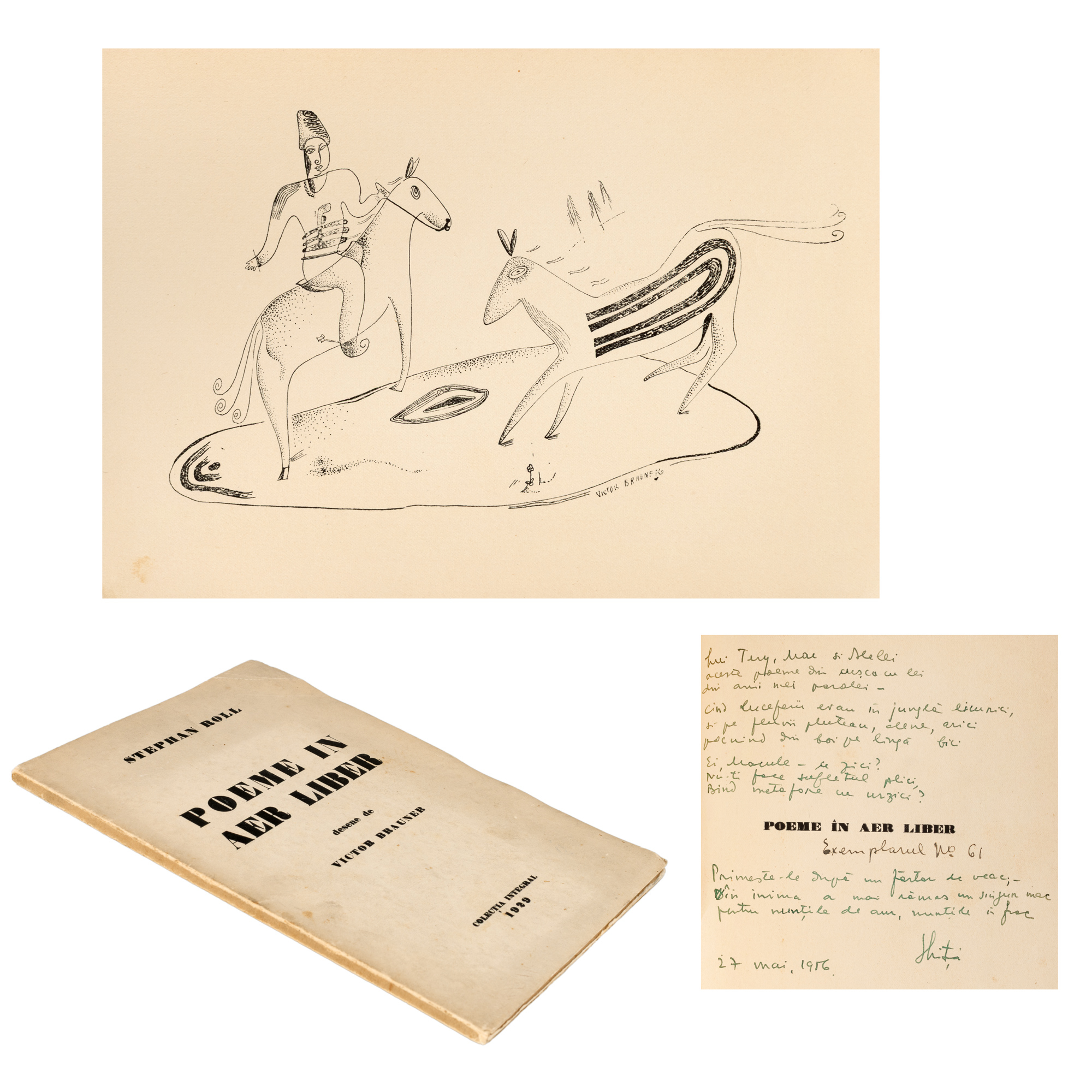 ”Poeme în aer liber”, de Stephan Roll, cu trei desene de Victor Brauner, București, 1929, cu dedicația și semnătura olografe ale autorului către familia Macovescu, alături de o filă manuscrisă redactată de George Macovescu, provin din colecţia fostului Ministru de Externe George Macovescu