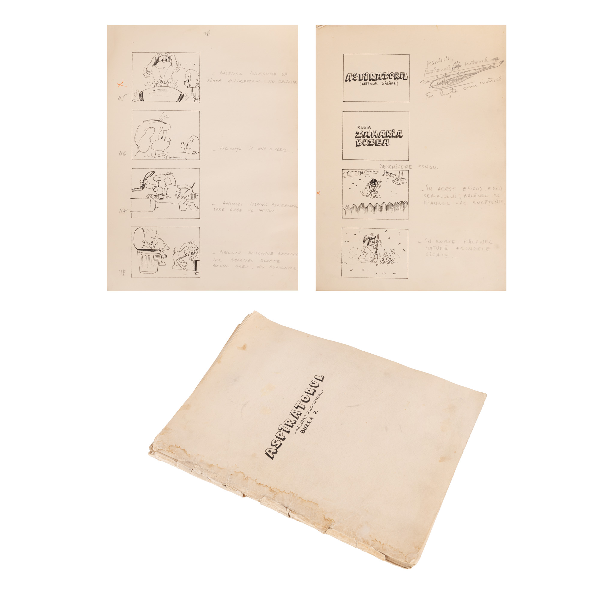 Decupaj regizoral manuscris al filmului de animație ”Aspiratorul”, de Zaharia Buzea, 1980 (29 file)