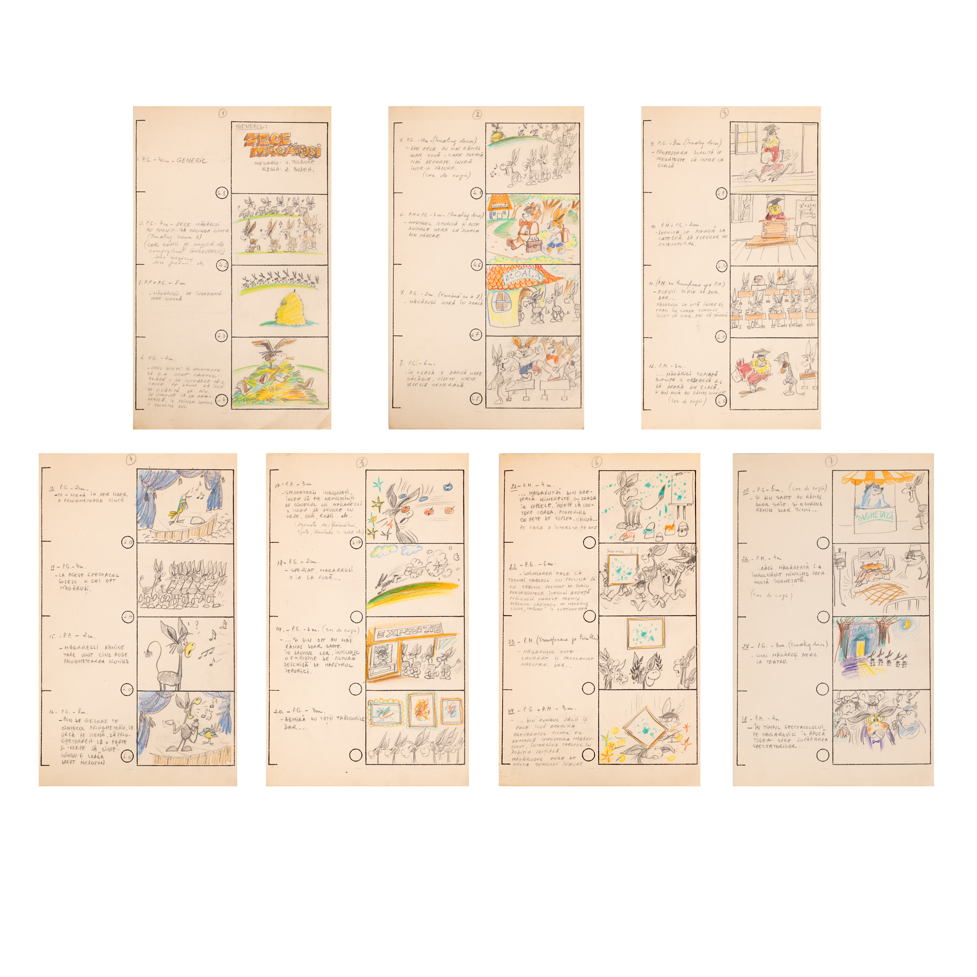 Original Scenario of the Animated Film "Ten Little Donkeys", text by Victor Tulbure, drawings and direction Zaharia Buzea, 1972 (7 pages)