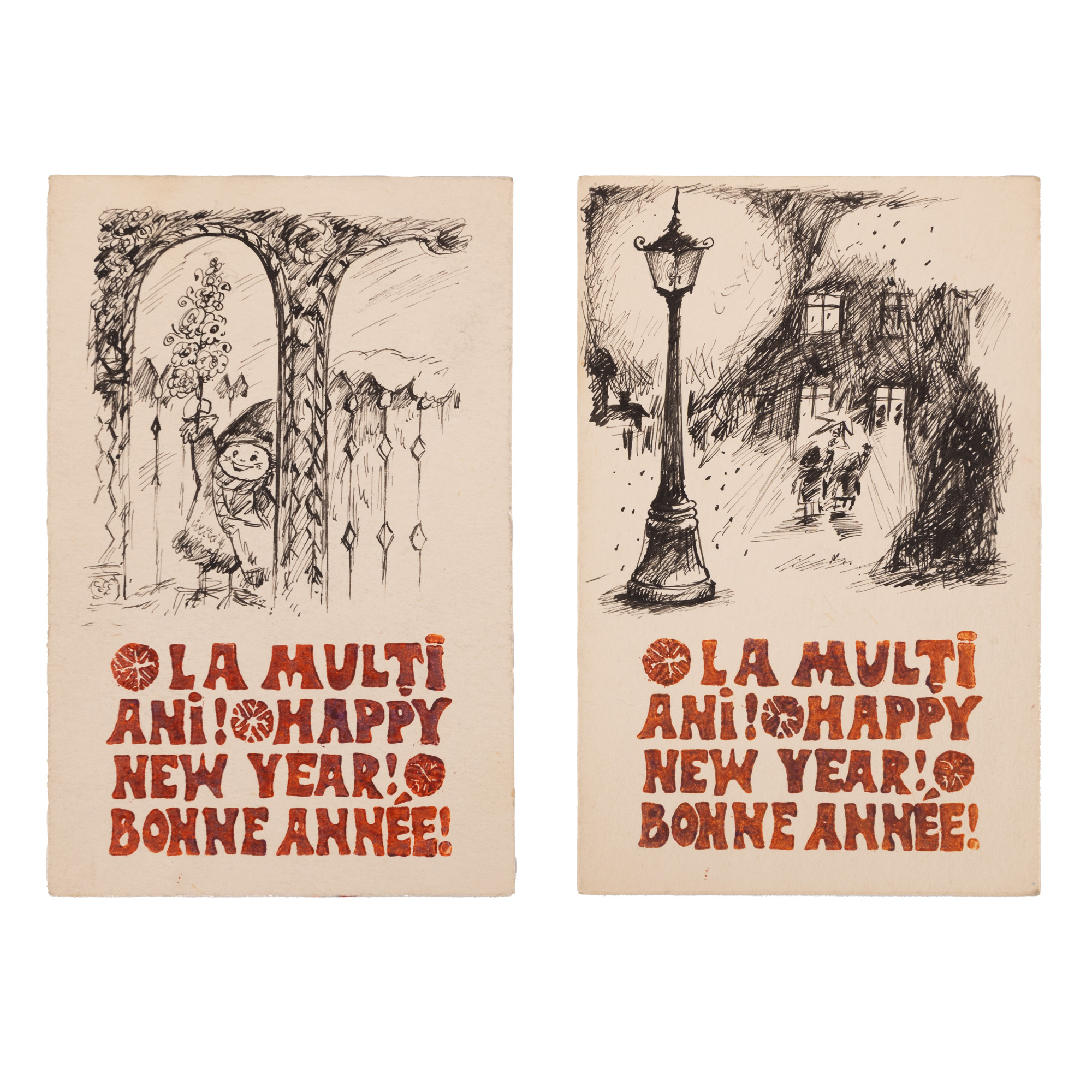 Lot format din două felicitări originale, cu ilustrații olografe, realizate de artistul Zaharia Buzea, cca. 1975