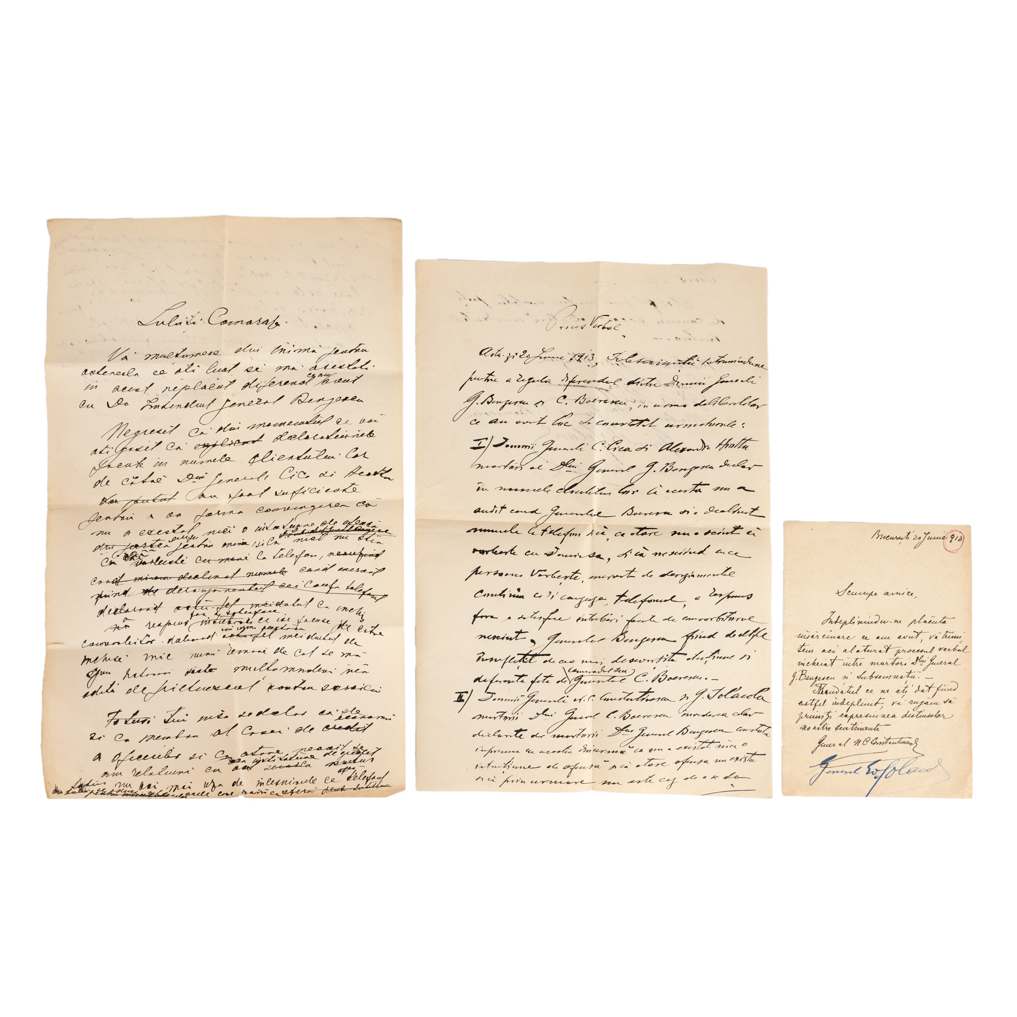 Lot format din 3 documente din arhiva Generalului Constantin Boerescu referitoare la chestiuni de onoare rezolvate prin provocarea la duel, 1913