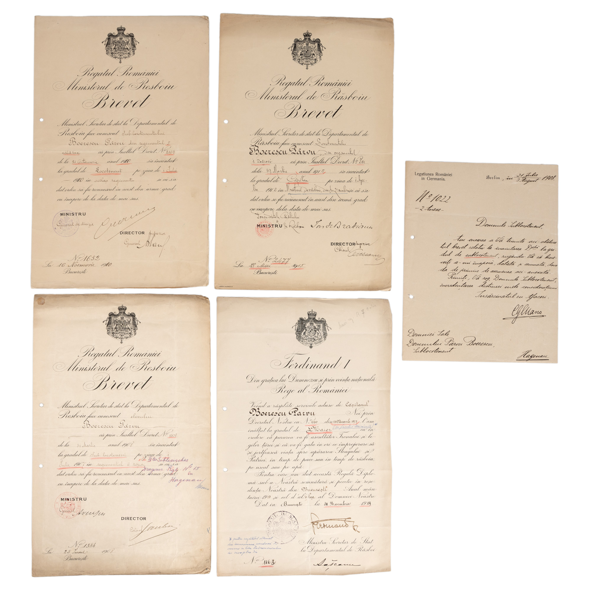 Lot format din patru brevete de înaintare în grad și o adresă, legate de ofițerul Pârvu Boerescu, 1908-1919, cu semnăturile olografe ale regelui Ferdinand, Ion I.C. Brătianu, generalului Alexandru Averescu