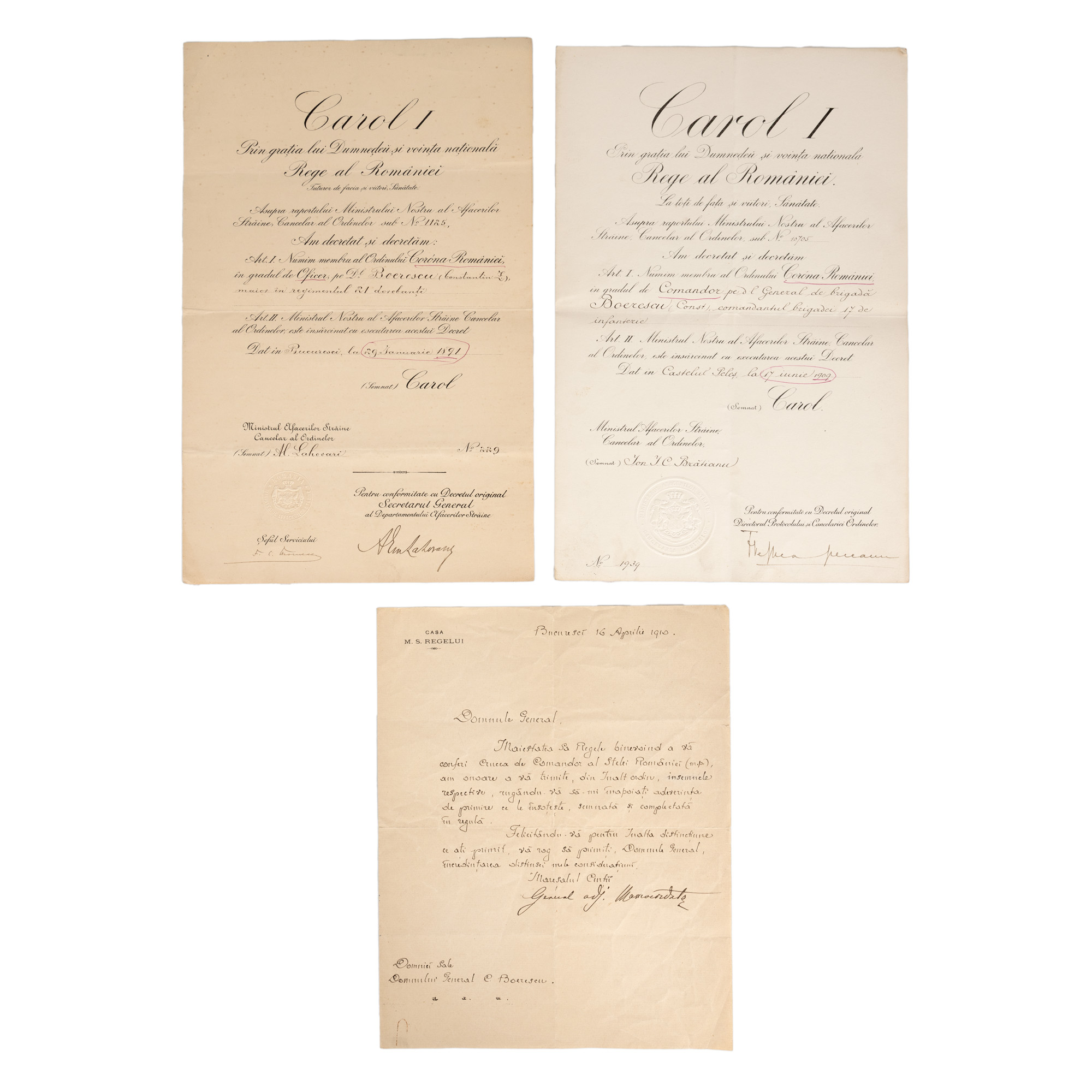 Lot consisting of two decoration decrees and official notification to General Constantin Boerescu, 1891-1910