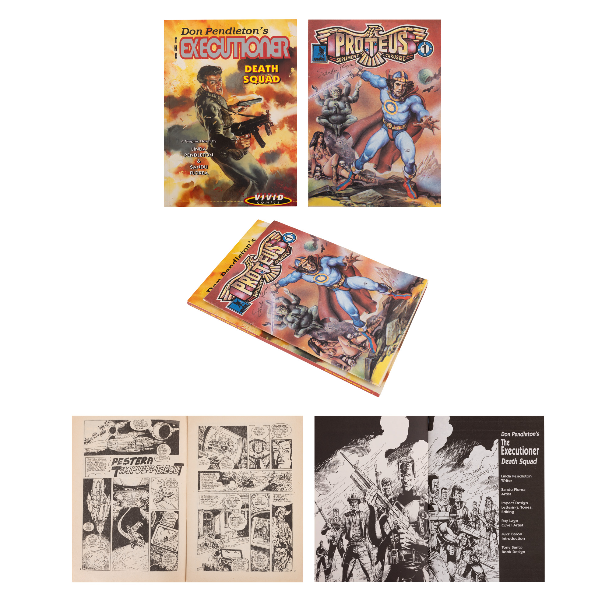 Lot consisting of two comic magazines (The Executioner. Death Squad and Proteus no. 1), illustrated by Sandu Florea, the only Romanian illustrator of Batman, 1992-1996, with the author's holograph signature