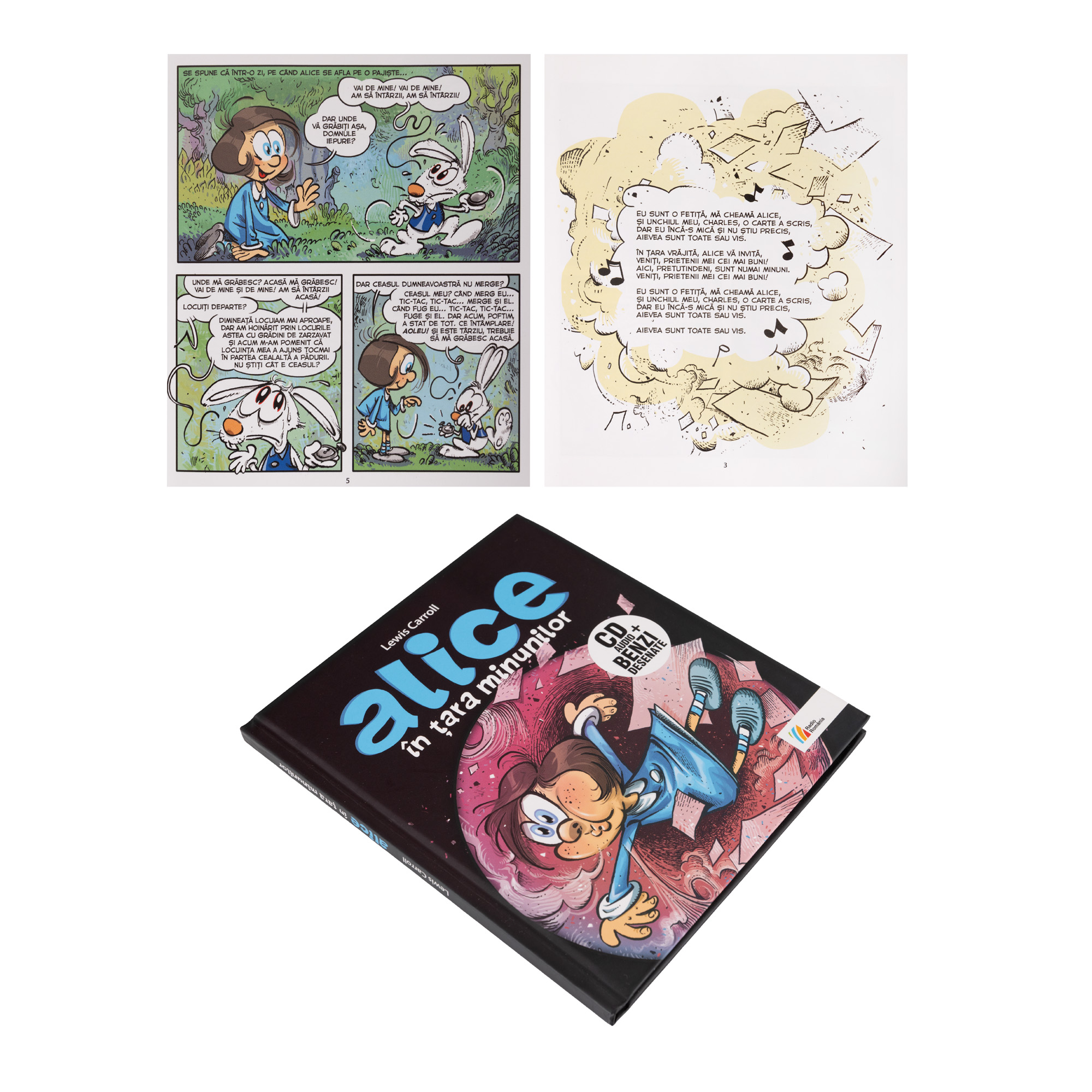 Lot consisting of the comic book Lewis Carroll, Alice in Wonderland, with an original holograph drawing, signed, and original comic strip, signed, both made by the artist Alexandru Ciubotariu, 2021