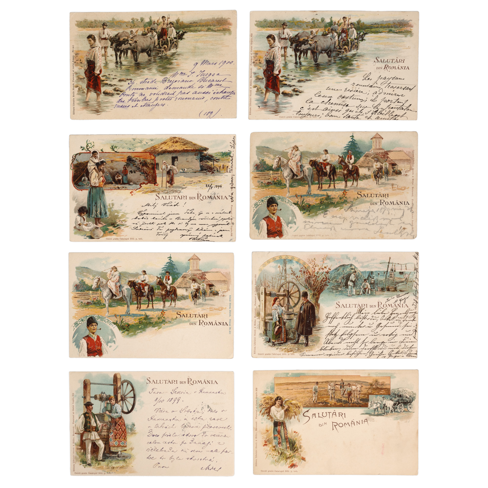 Lot of 8 classic postcards "Greetings from Romania". Country life, 1899-1900