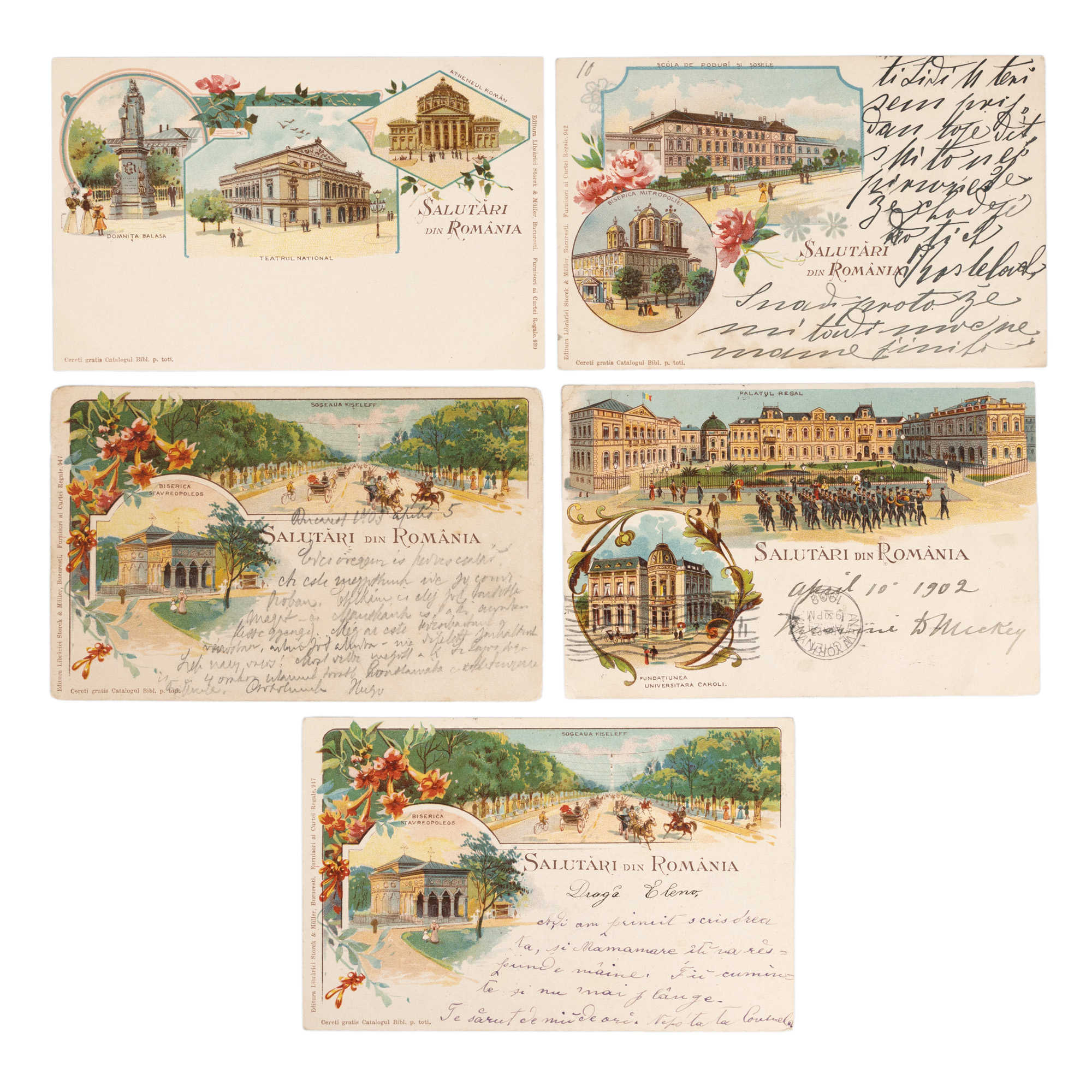 Lot format din 5 cărți poștale clasice ”Salutări din România”. București, 1900-1903