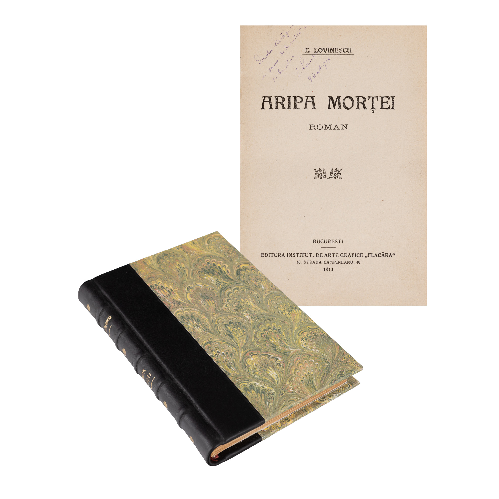 "Wing of Death", by Eugen Lovinescu, Bucharest, 1913, first edition, with the dedication and handwritten signature of the author.
