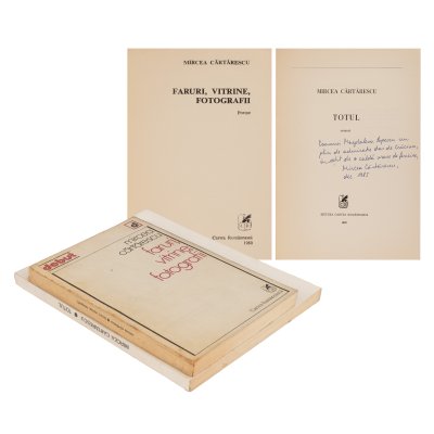 Lot consisting of "Headlights, windows, photos", Bucharest, 1980, and "Everything", by Mircea Cărtărescu, Bucharest, 1985, with the dedication and handwritten signature of the author, comes from the collection of literary critic and editor Magdalena Popescu-Bedrosian.