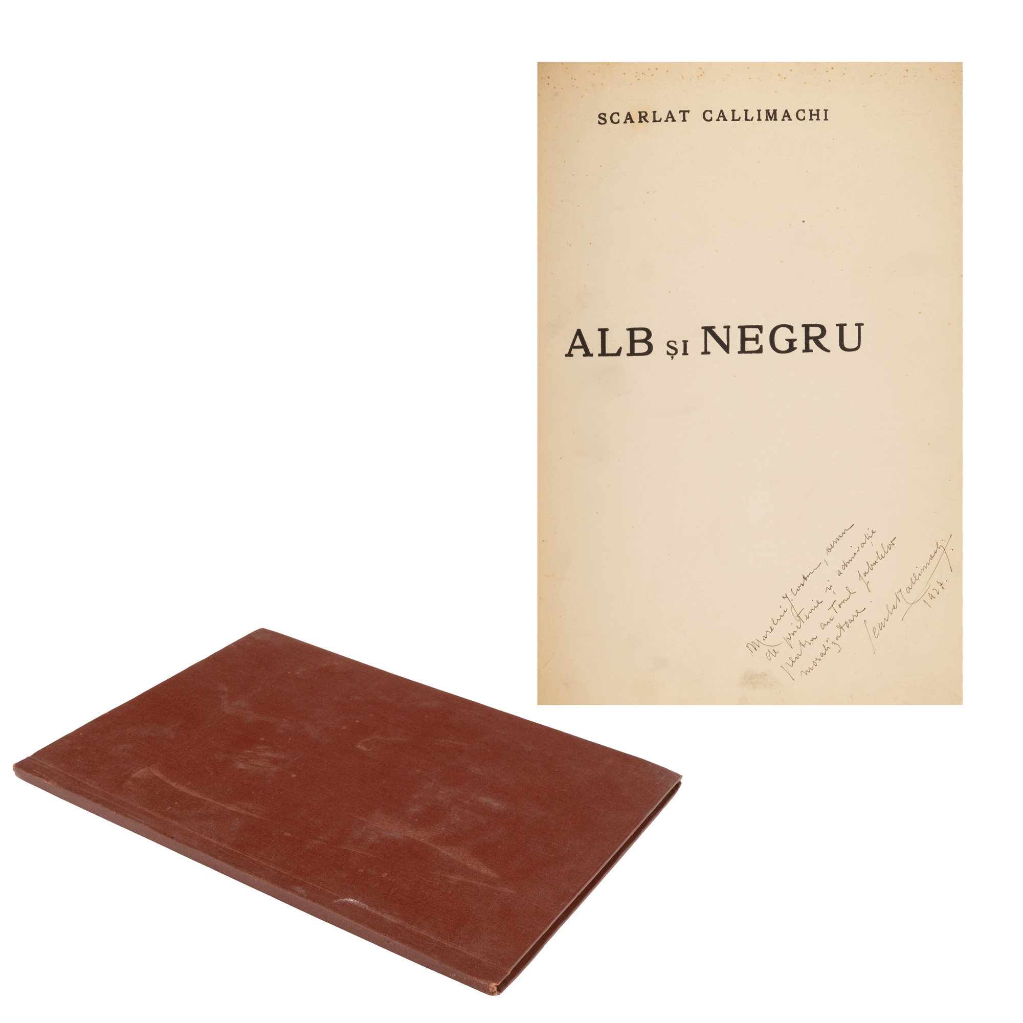 ”Alb și negru”, de Scarlat Callimachi, 1927, exemplar 32/52,  cu dedicația și semnătura olografe ale autorului, provine din colecția criticului literar și editorului Magdalena Popescu-Bedrosian