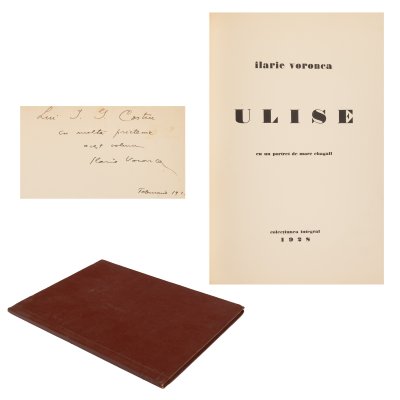 ”Ulise”, de Ilarie Voronca, cu un portret al autorului de Marc Chagall, 1928, exemplar 65/200, colecția Integral, cu dedicația și semnătura olografe ale autorului, , provine din colecția criticului literar și editorului Magdalena Popescu-Bedrosian