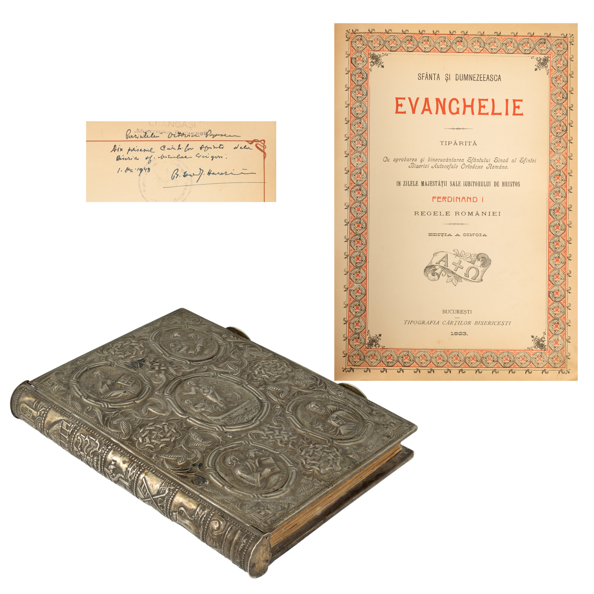 "The Holy and Divine Gospel", printed during the reign of King Ferdinand I, Bucharest, 1923, with silver-plated brass binding and handwritten dedication, from the collection of the literary critic and editor Magdalena Popescu-Bedrosian