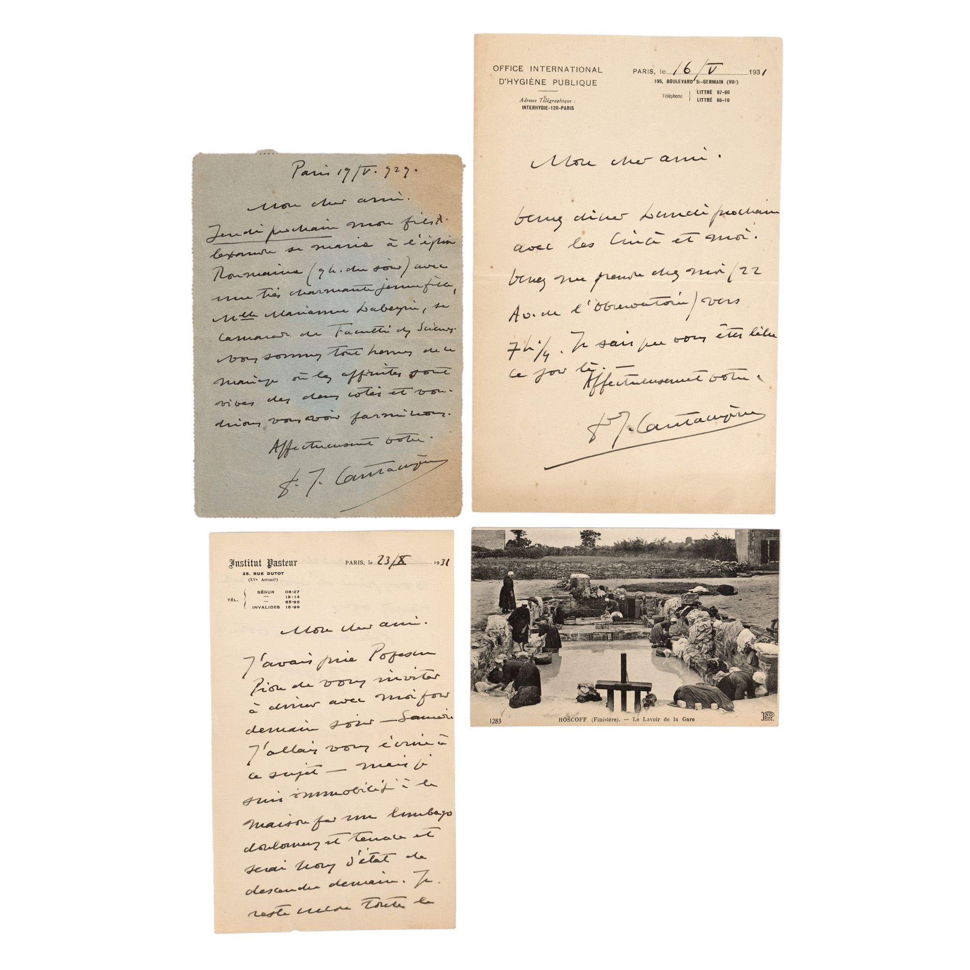 Lot format din 3 scrisori trimise de Șerban Cantacuzino către Theodor Pallady și Gheorghe Răut în anii 1929-1931 și o carte poștală către Gheorghe Răut din Finistère, în anul 1920
