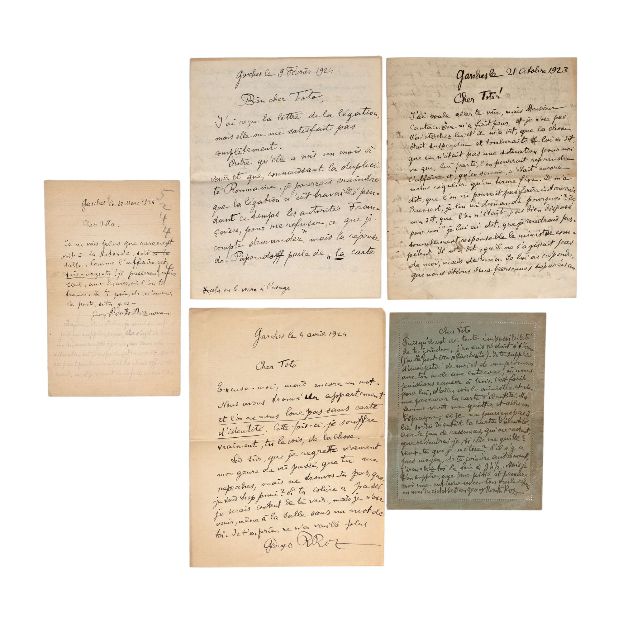Lot format din 5 scrisori trimise de George Rosetti-Roznoveanu către Theodor Pallady, 4 scrisori din Garches din anii 1923-1924 și o scrisoare pneumatică din aceeași perioadă, prin care îi cere să intervină pentru a obține din țară documentele de identitate ale soției sale