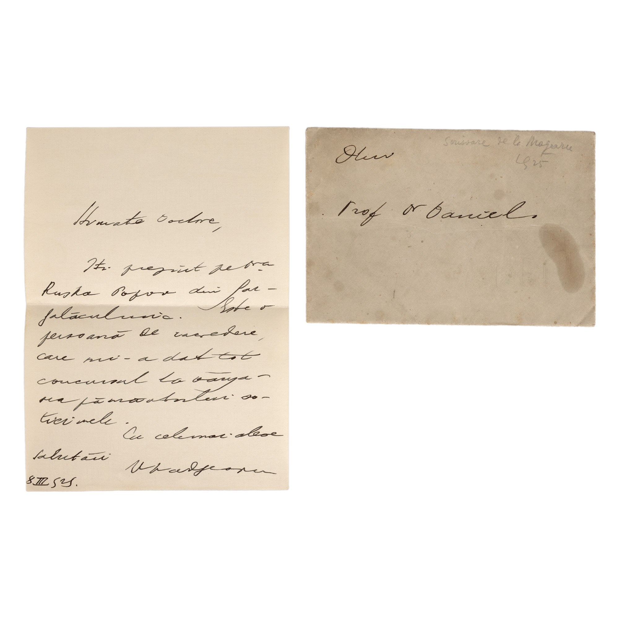 Scrisoare trimisă de Virgil Madgearu, 8 martie 1929, cu plic și semnătura olografă, piesă rară