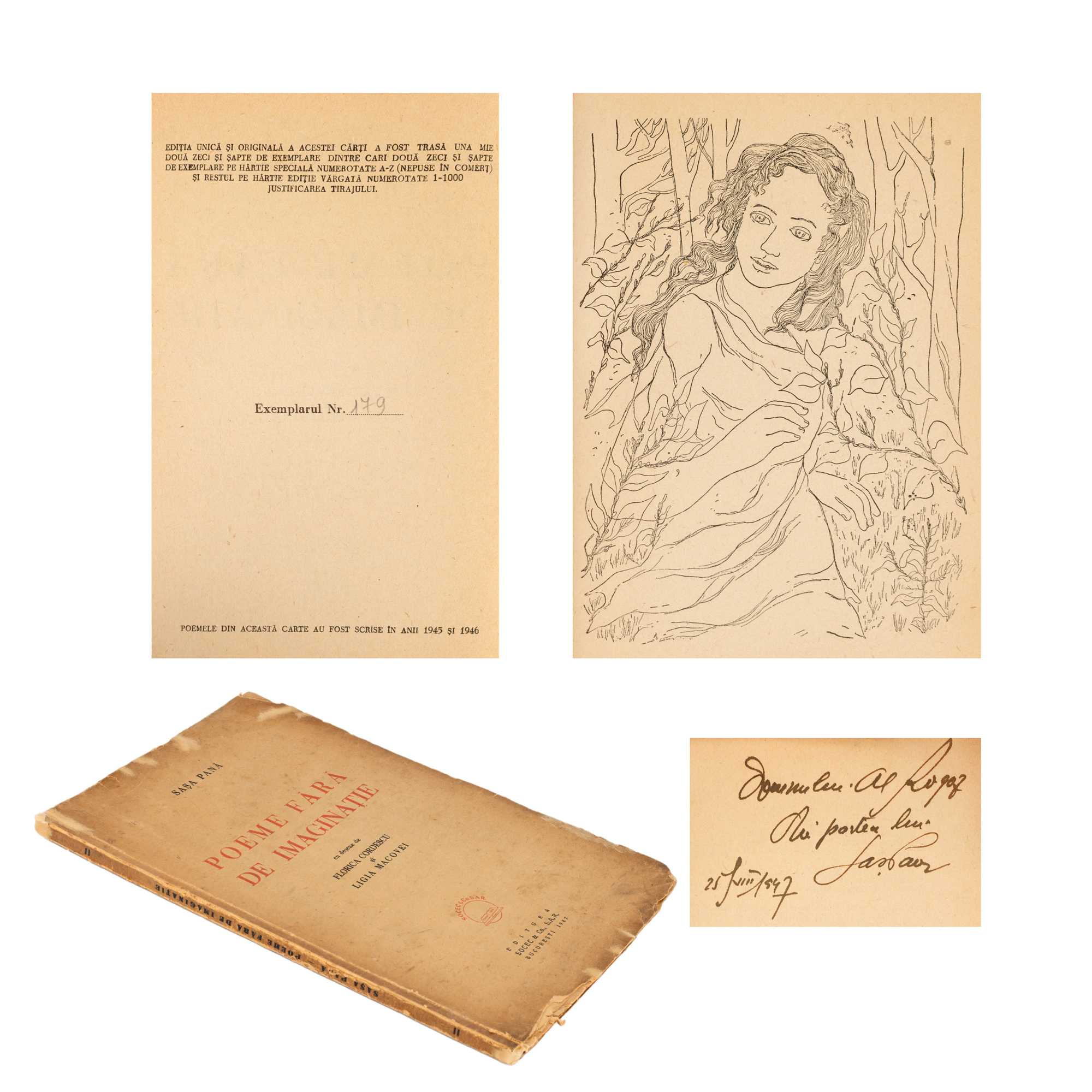 ”Poeme fără de imaginație”, de Sașa Pană, București, 1947, cu desene de Florica Cordescu și Ligia Macovei, exemplar 179/1000, cu dedicația olografă a autorului