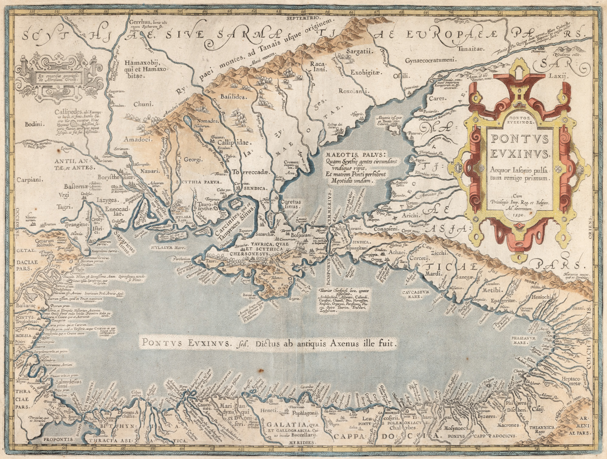 Hartă ”Bazinul Mării Negre”, de Abraham Ortelius, Antwerp, 1590