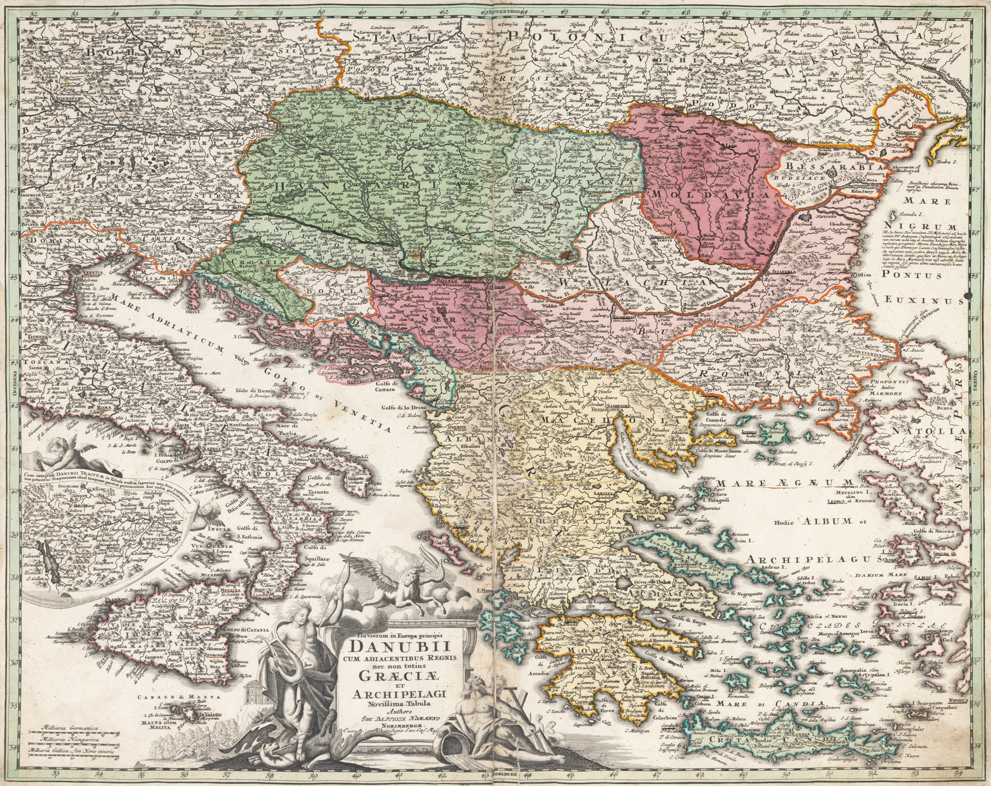 "Map 'The Course of the Danube and the Greek Archipelago', by Johann Baptist Homann, Nuremberg, circa 1740"